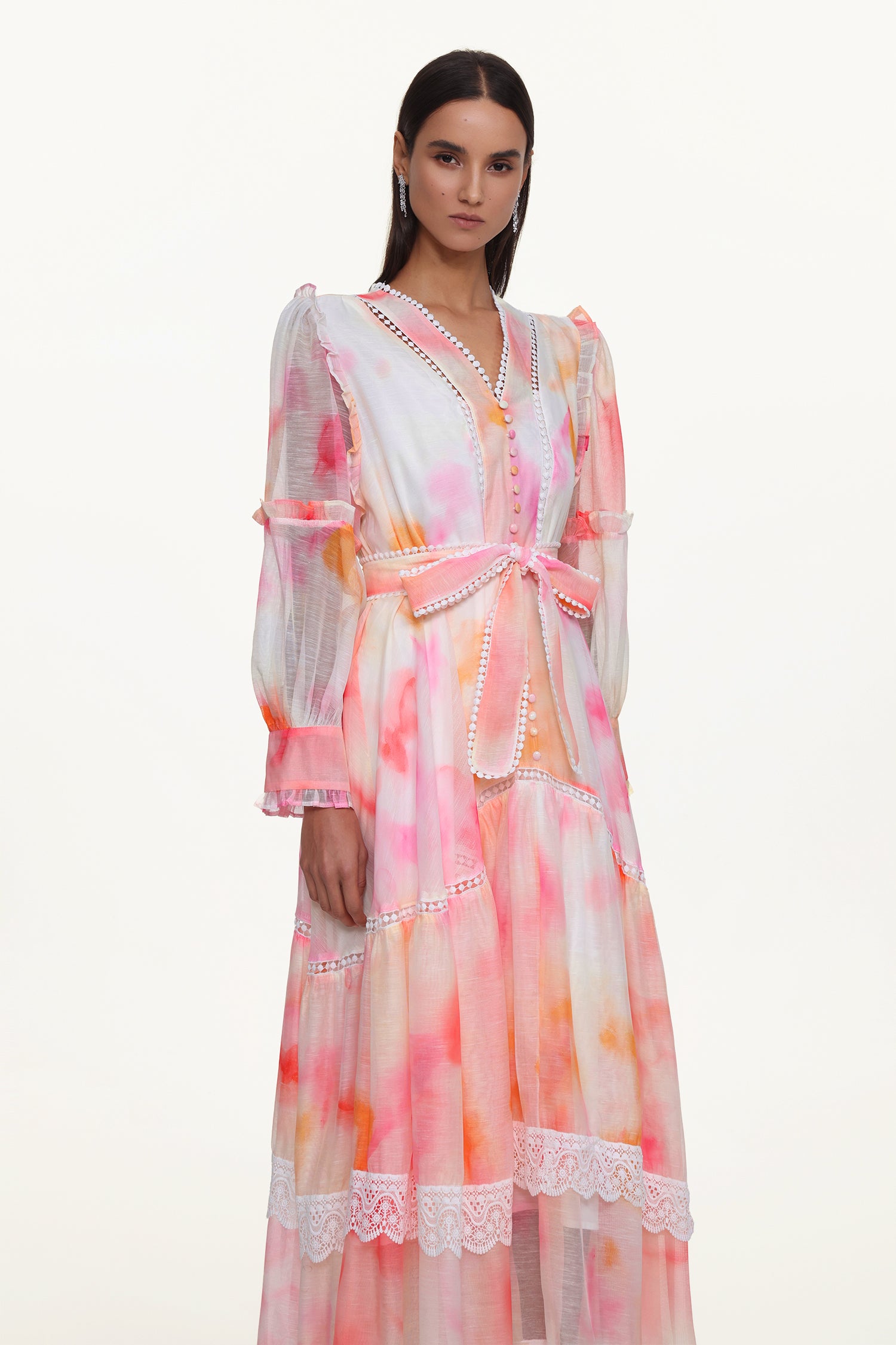 Natalya Resort Flowy Long Sleeve Lace Abstract Print Ruffle Woven Orange Maxi Dress	