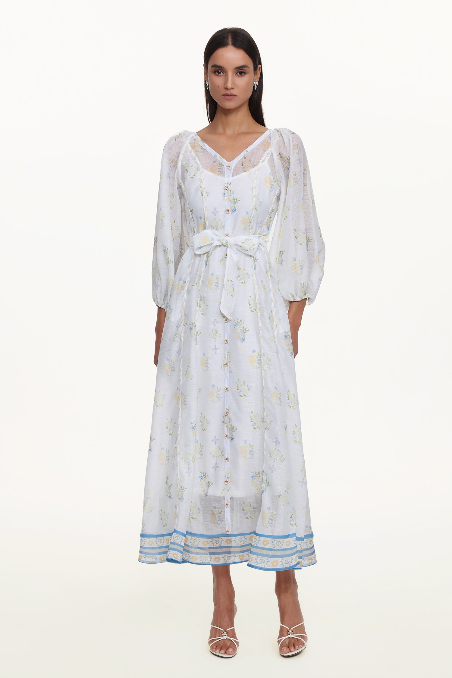 Jinx Resort Flowy V Neck Long Sleeve Floral Print Woven Maxi Dress	