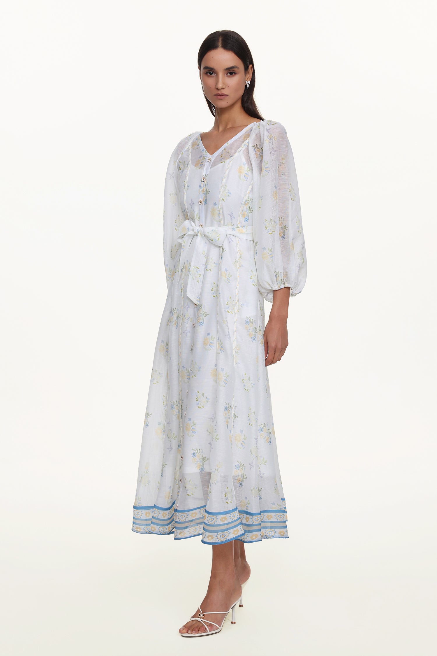 Jinx Resort Flowy V Neck Long Sleeve Floral Print Woven Maxi Dress	