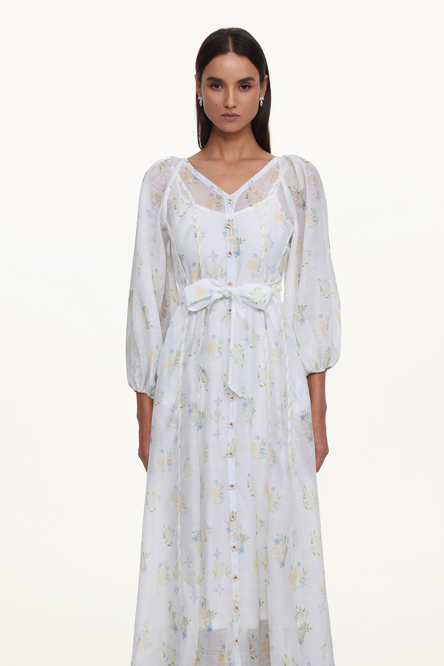 Jinx Resort Flowy V Neck Long Sleeve Floral Print Woven Maxi Dress	
