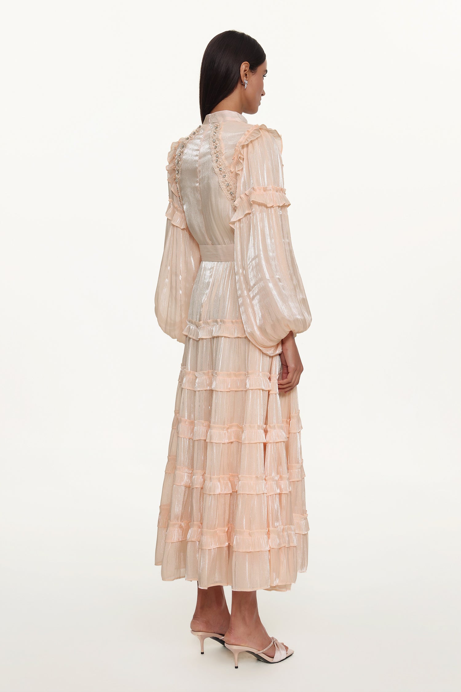 Saturn Resort Flowy Long Sleeve Rhinestone Ruffle Woven Maxi Dress	