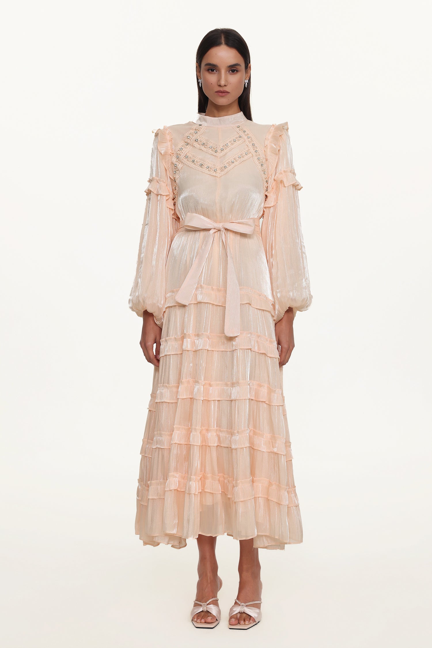 Saturn Resort Flowy Long Sleeve Rhinestone Ruffle Woven Maxi Dress	