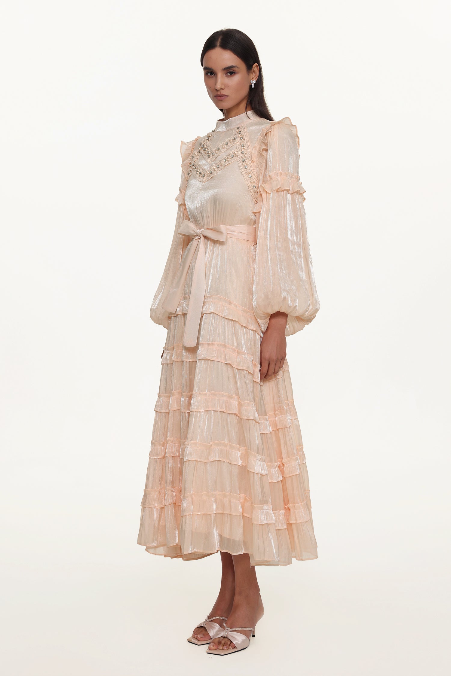 Saturn Resort Flowy Long Sleeve Rhinestone Ruffle Woven Maxi Dress	