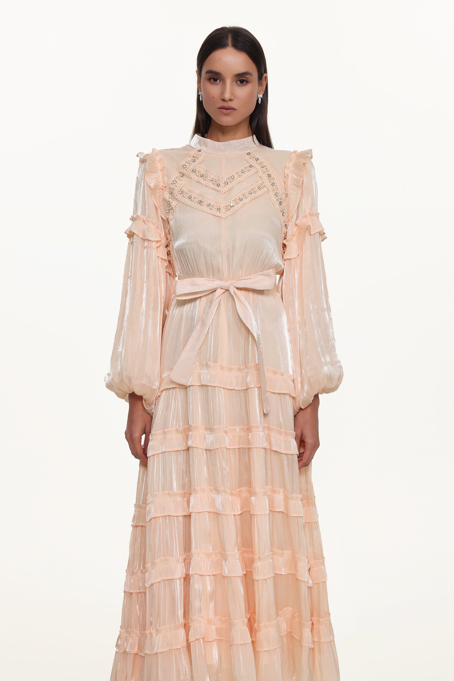Saturn Resort Flowy Long Sleeve Rhinestone Ruffle Woven Maxi Dress	