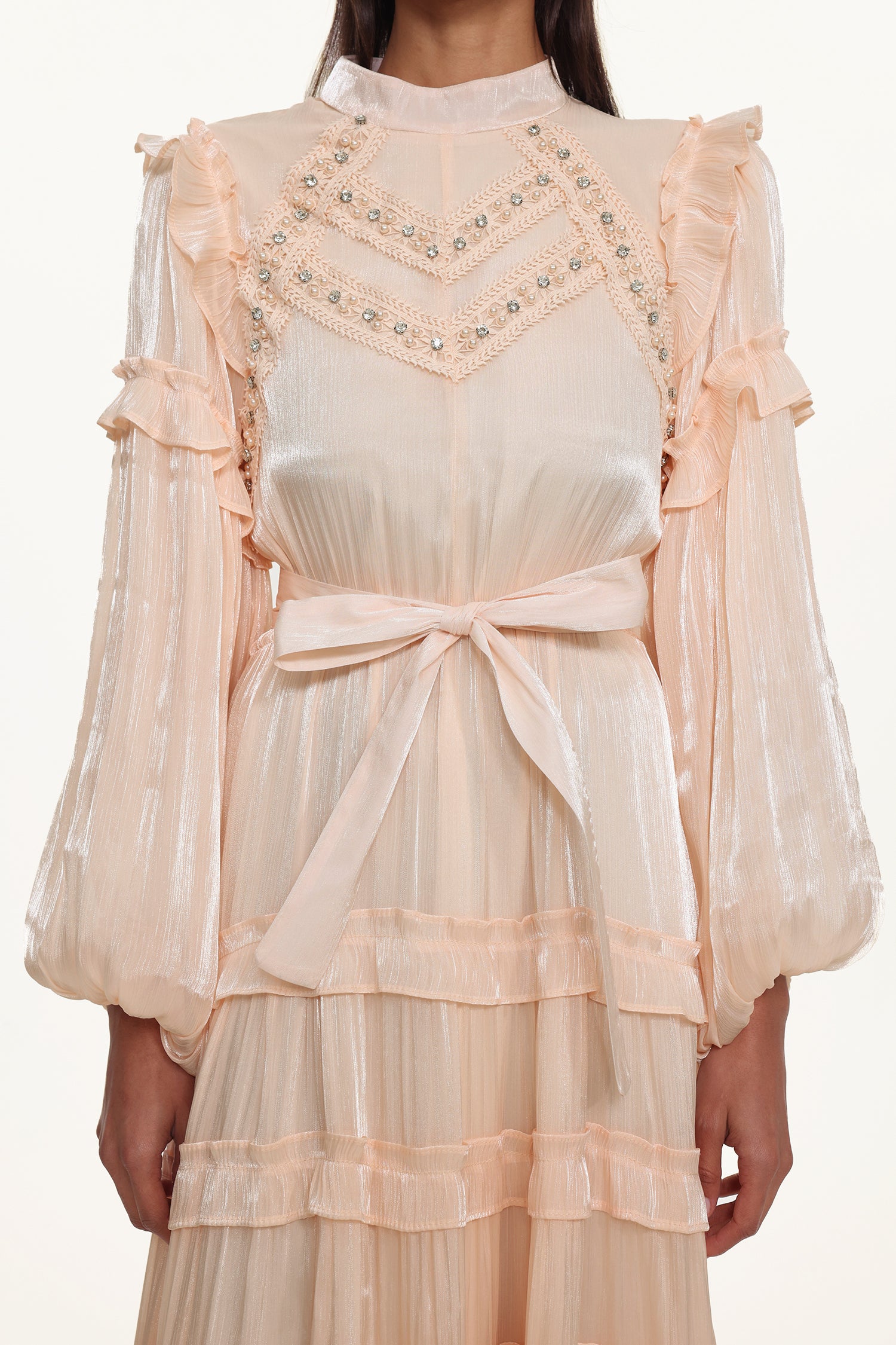 Saturn Resort Flowy Long Sleeve Rhinestone Ruffle Woven Maxi Dress	