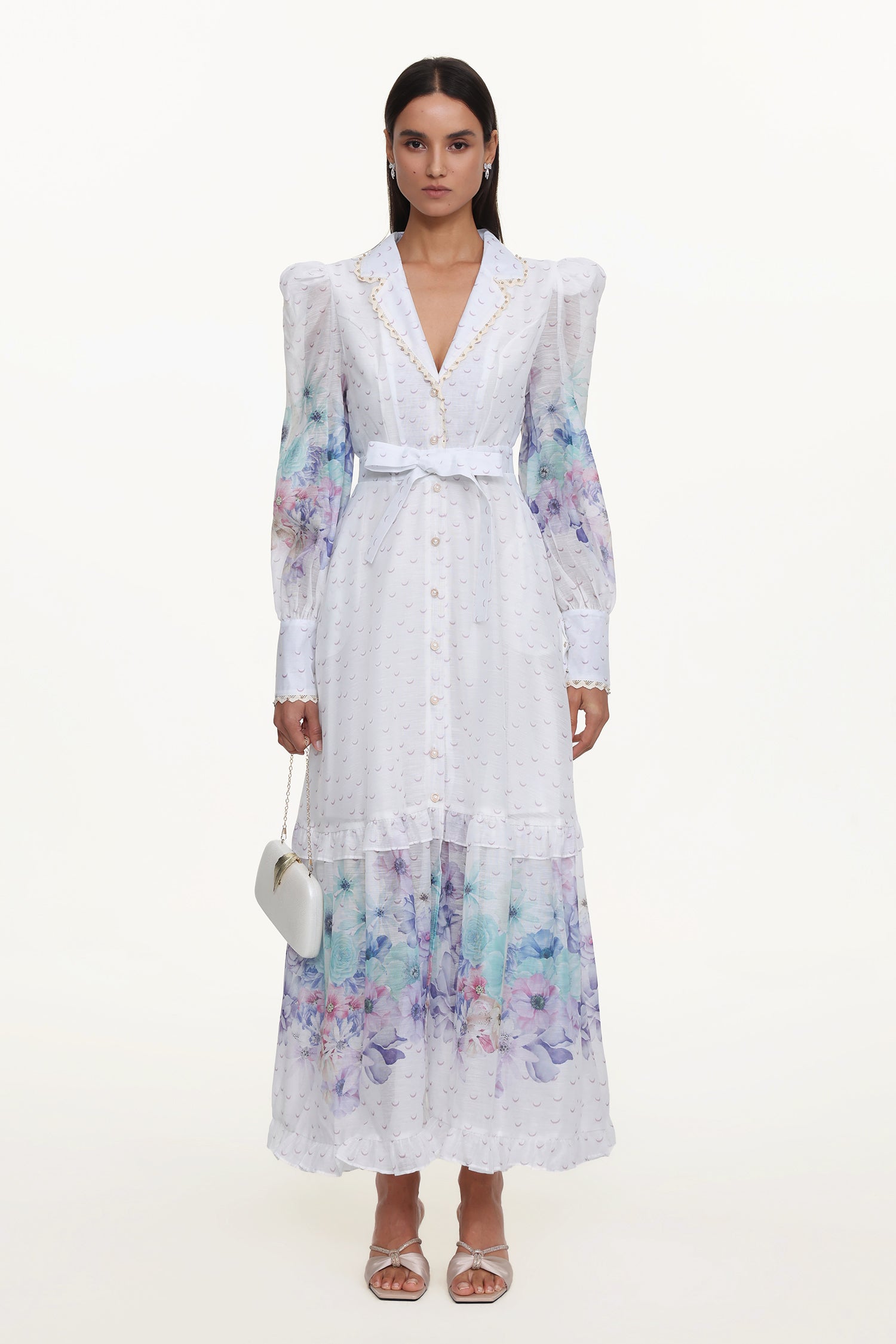 Rina Resort Flowy Long Sleeve Floral Print Ruffle Woven Maxi Dress	