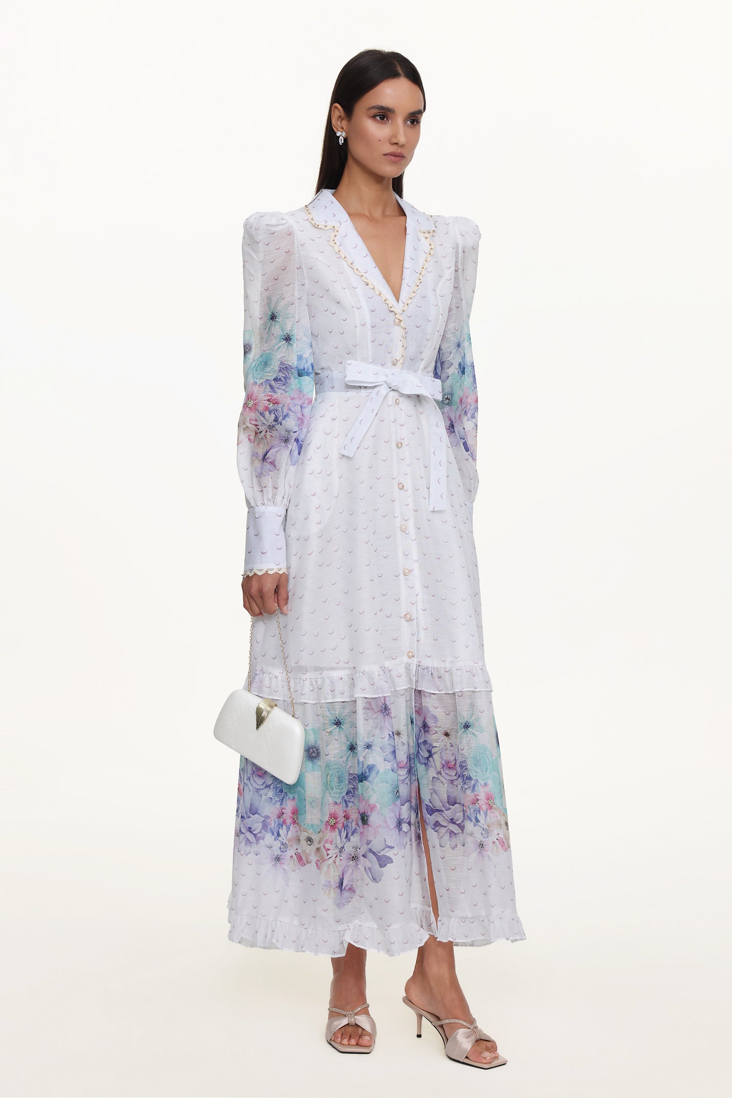 Rina Resort Flowy Long Sleeve Floral Print Ruffle Woven Maxi Dress	