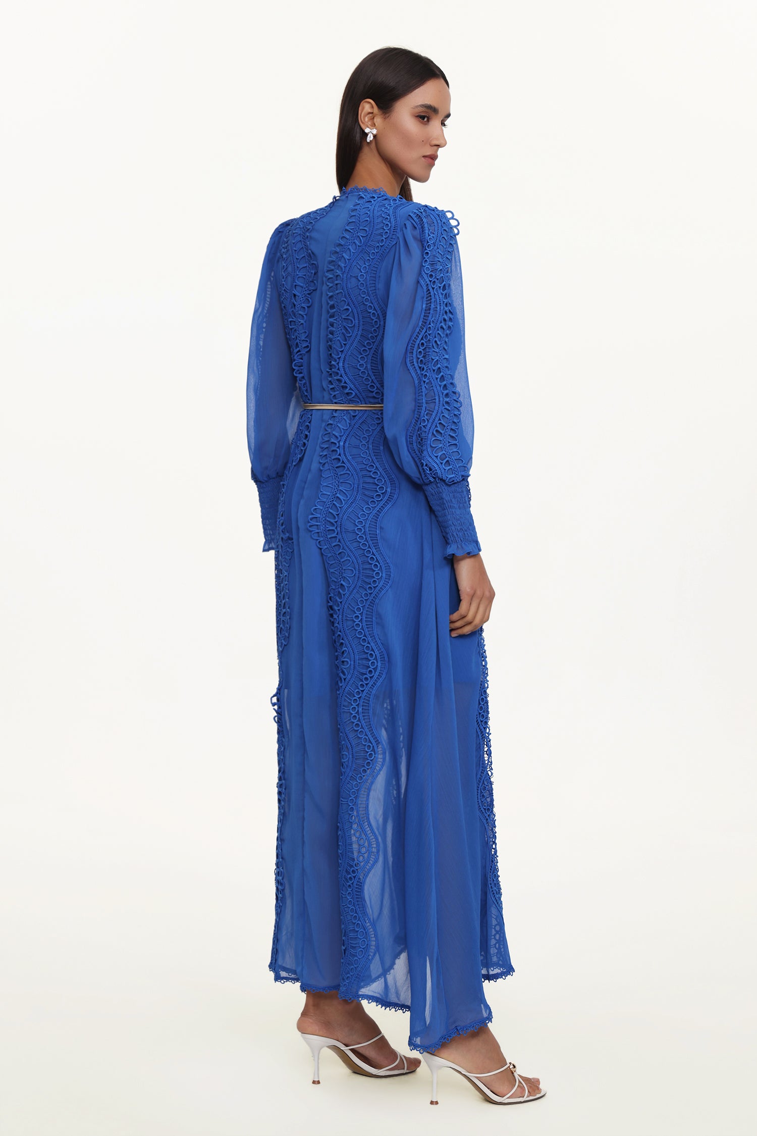 Pola Resort Flowy Round Neck Long Sleeve Floral Lace Woven Blue Maxi Dress	