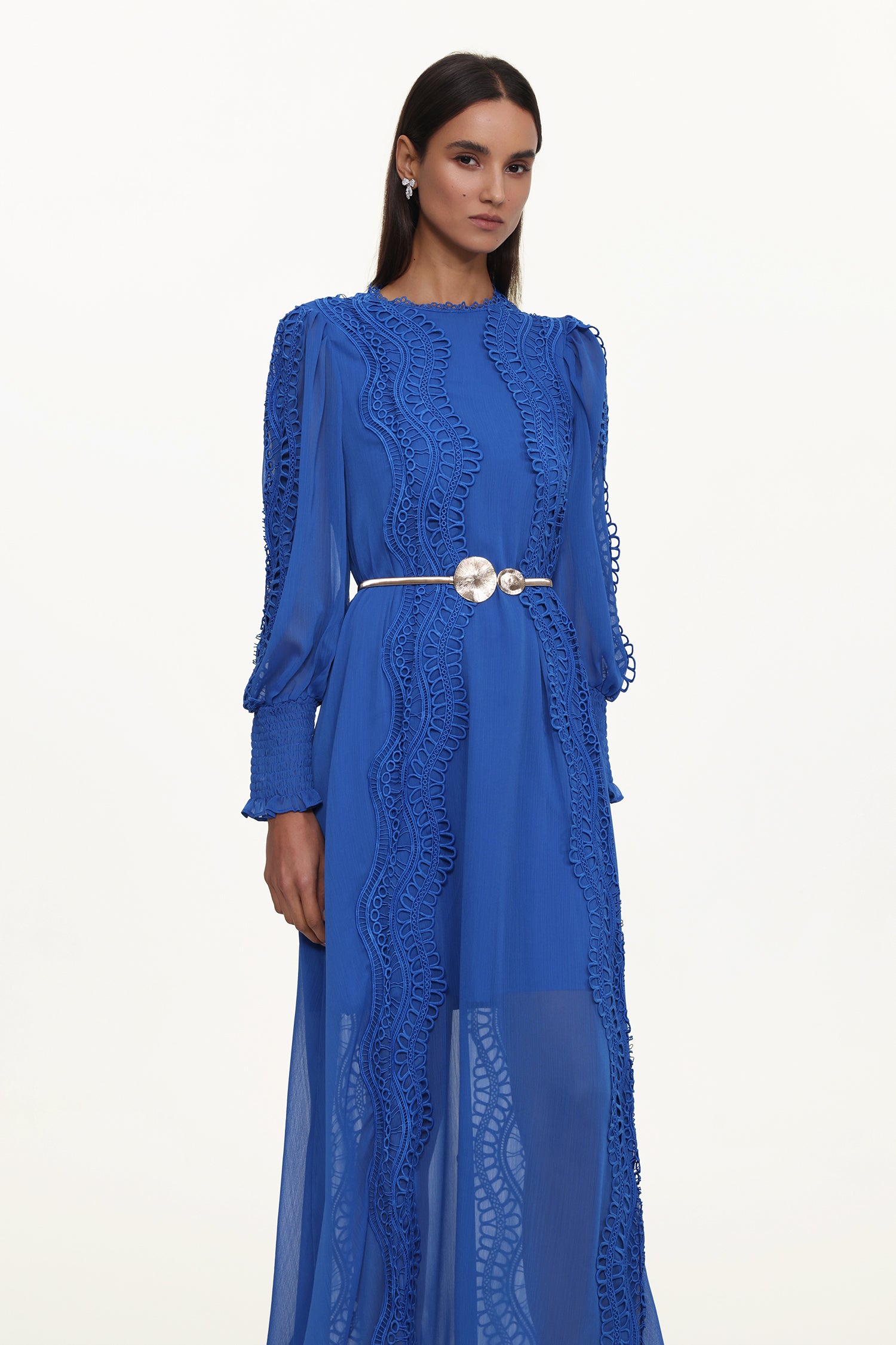 Pola Resort Flowy Round Neck Long Sleeve Floral Lace Woven Blue Maxi Dress	
