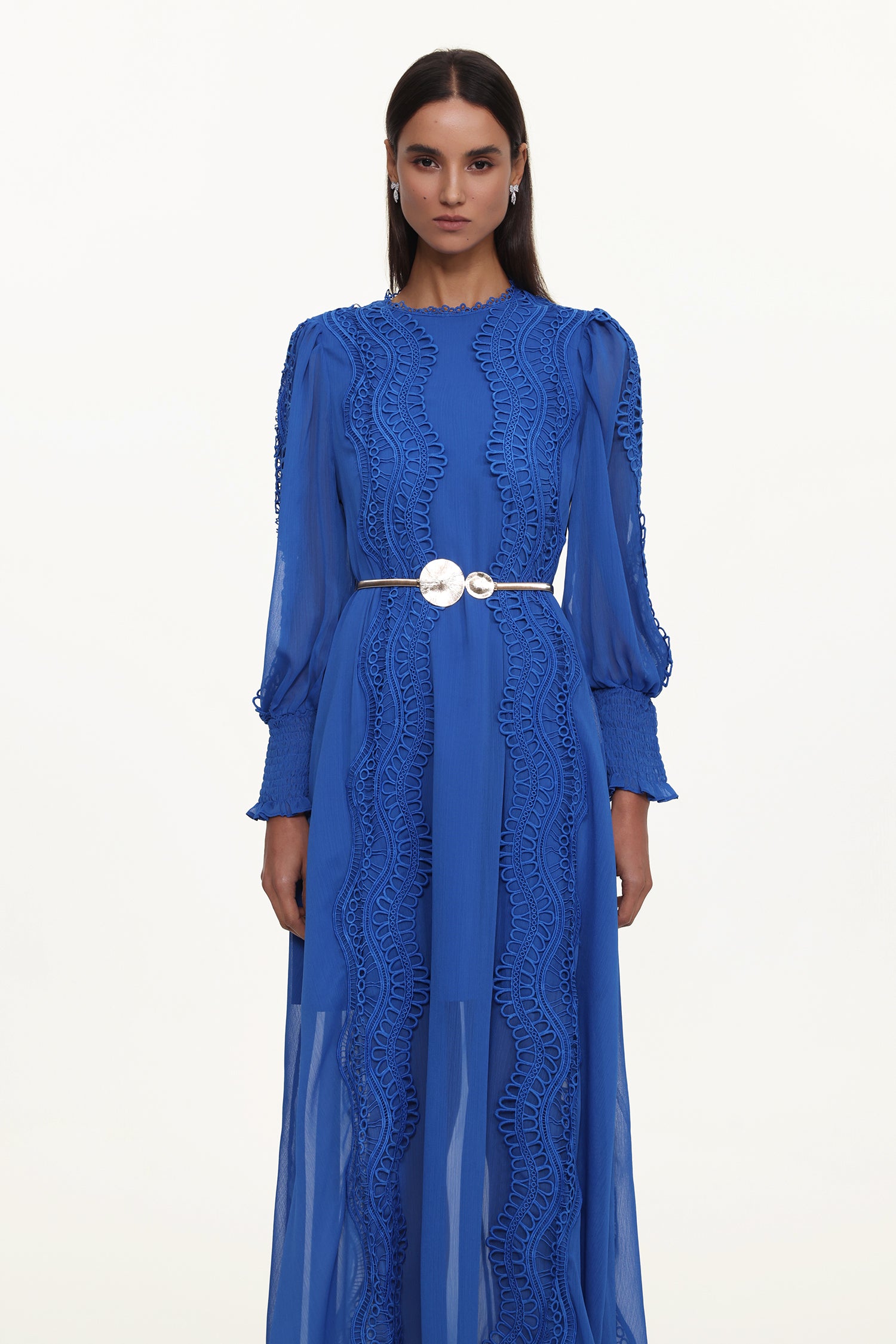 Pola Resort Flowy Round Neck Long Sleeve Floral Lace Woven Blue Maxi Dress	