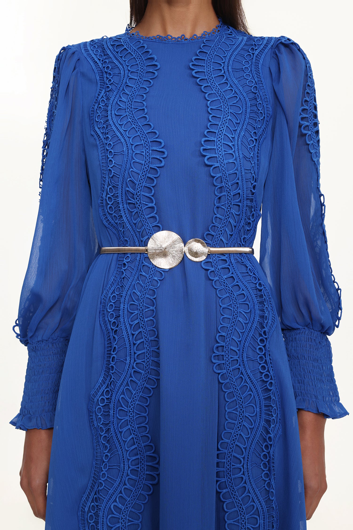 Pola Resort Flowy Round Neck Long Sleeve Floral Lace Woven Blue Maxi Dress	