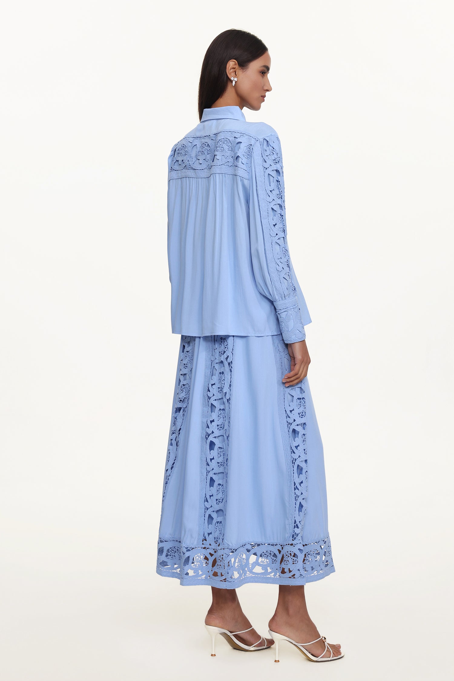 Sharla Resort Flowy Long Sleeve Cut Out Lace Woven Blue Top And Skirt Set	