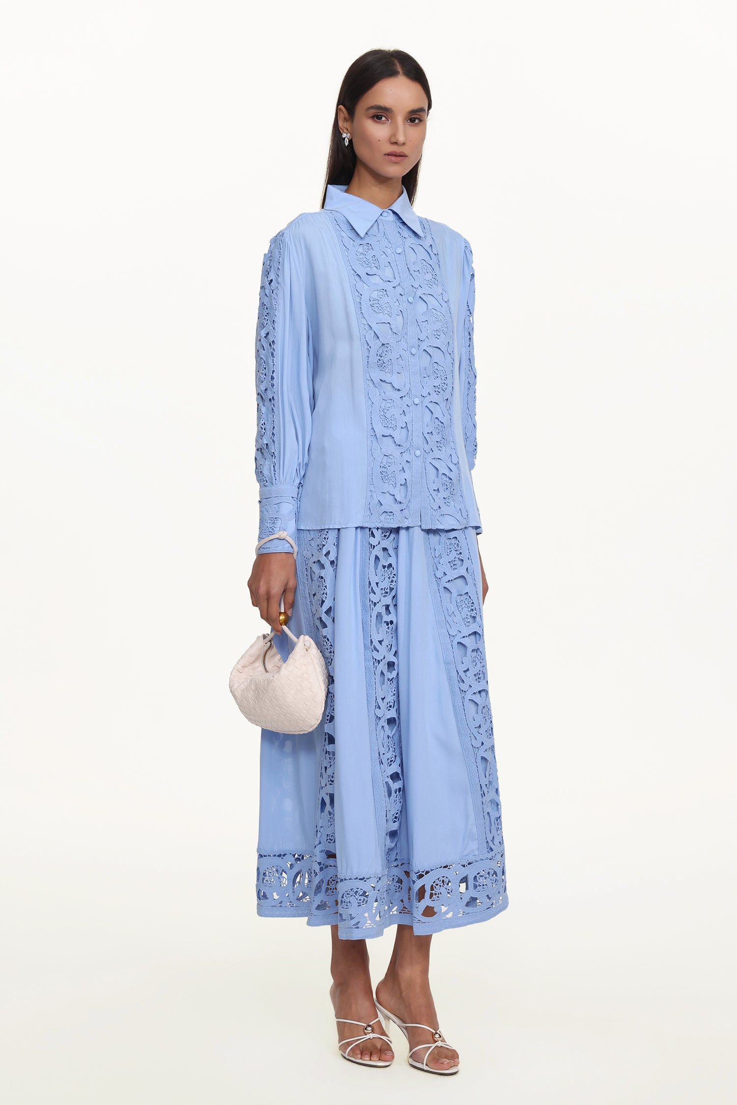 Sharla Resort Flowy Long Sleeve Cut Out Lace Woven Blue Top And Skirt Set	