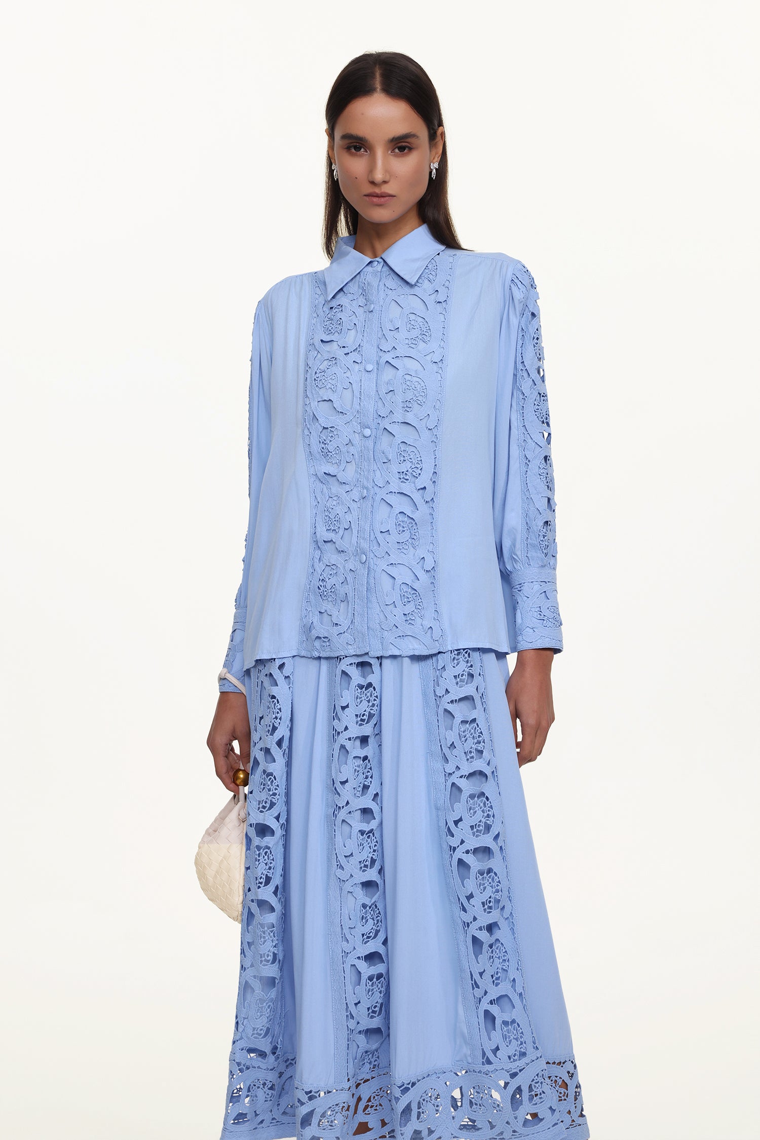 Sharla Resort Flowy Long Sleeve Cut Out Lace Woven Blue Top And Skirt Set	