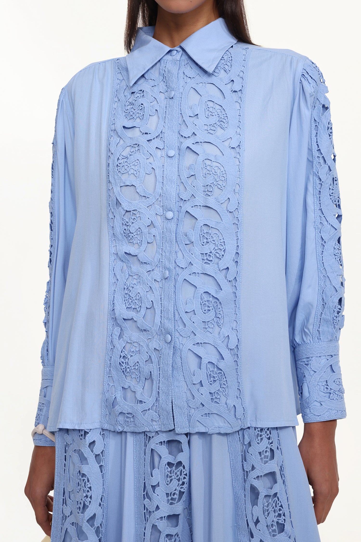 Sharla Resort Flowy Long Sleeve Cut Out Lace Woven Blue Top And Skirt Set	