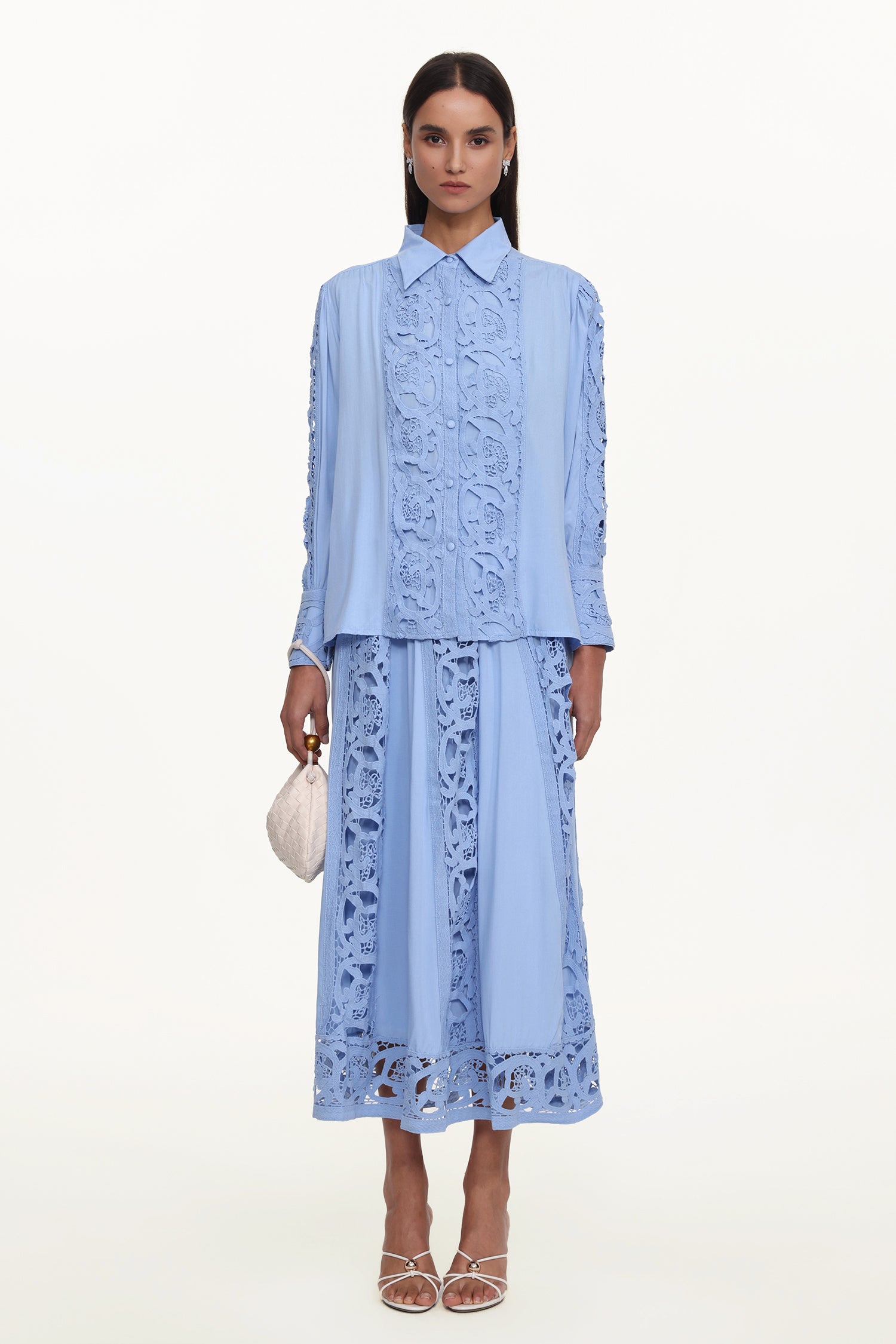 Sharla Resort Flowy Long Sleeve Cut Out Lace Woven Blue Top And Skirt Set	