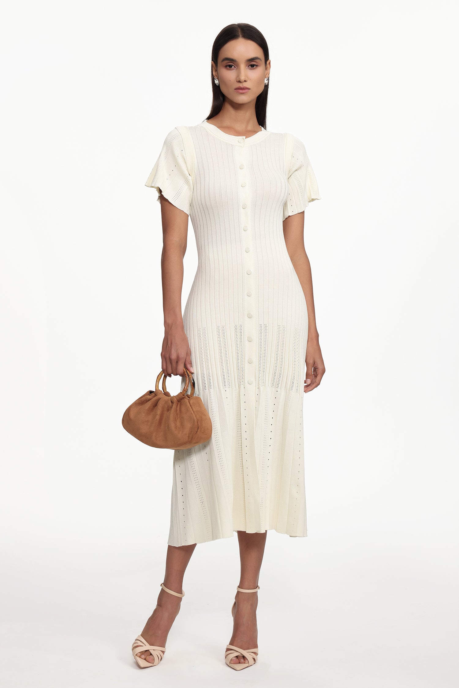 Oberta Elegant Contour Round Neck Short Sleeve Buttoned Knit Maxi Dress	