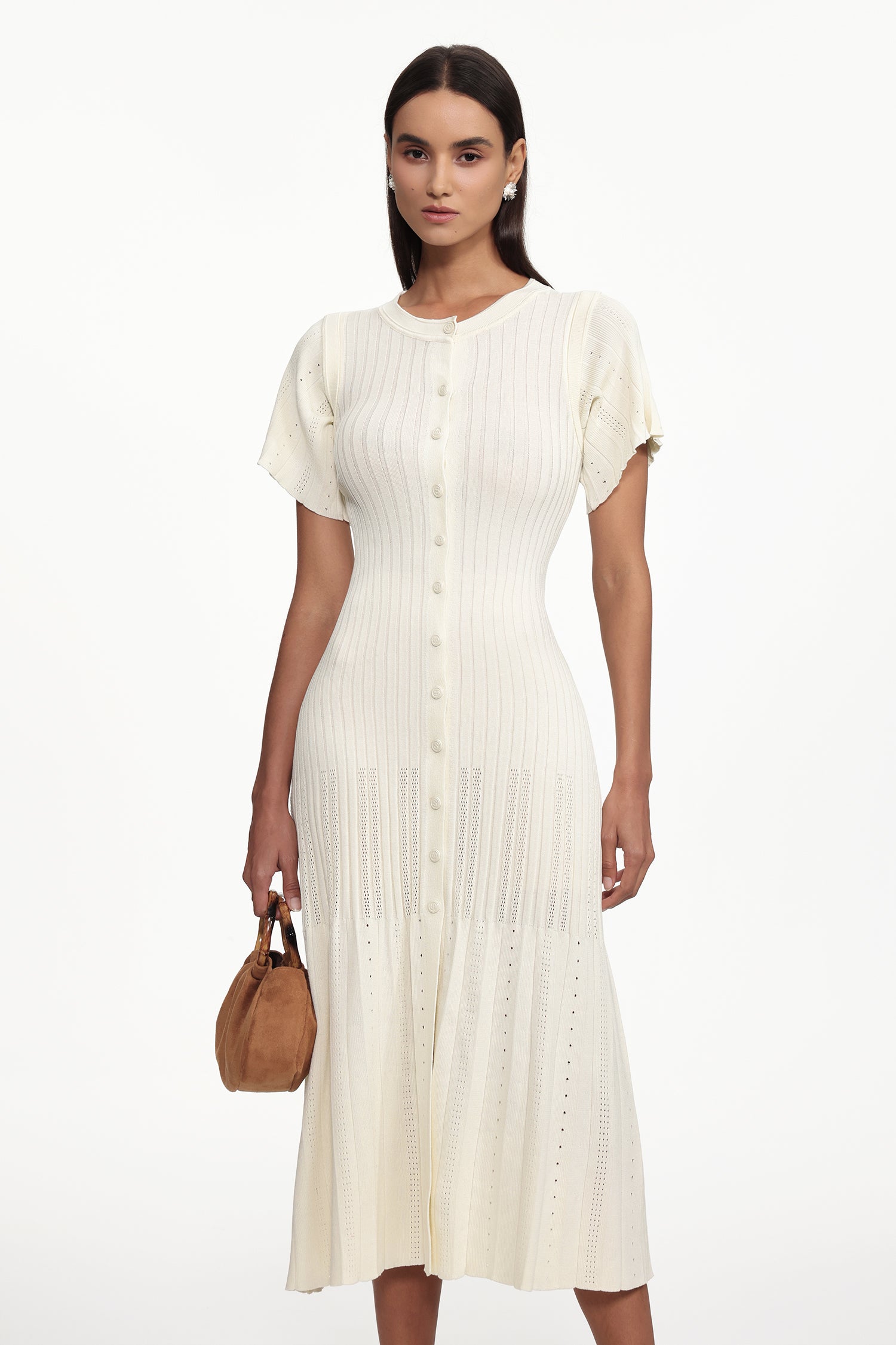 Oberta Elegant Contour Round Neck Short Sleeve Buttoned Knit Maxi Dress	