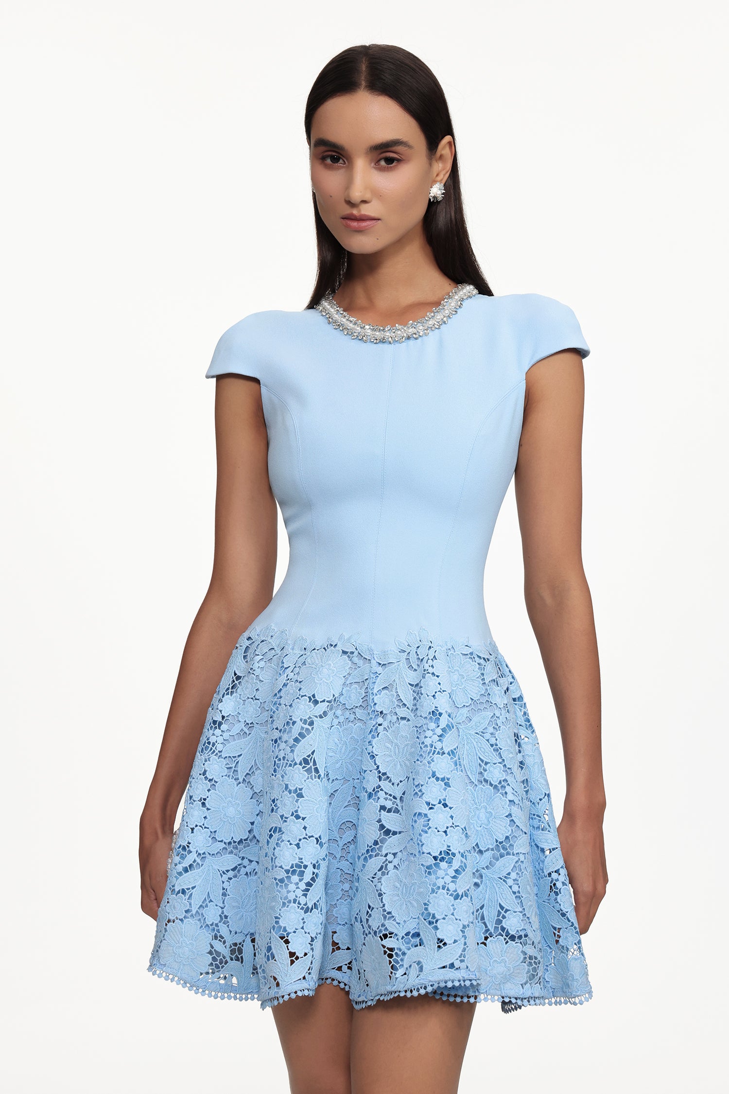 Eirene Elegant Tailored Round Neck Short Sleeve Rhinestone Floral Lace Mini Dress	