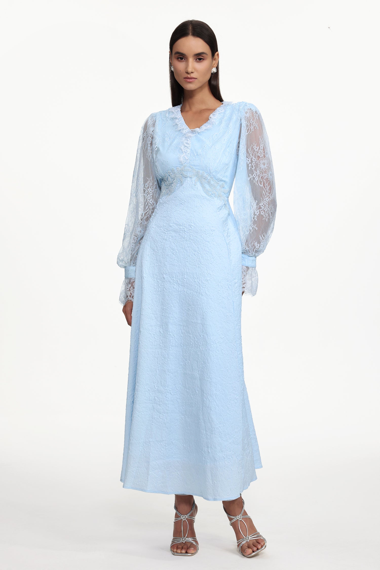 Kahlo Resort Flowy V Neck Long Sleeve Lace Woven Maxi Dress	