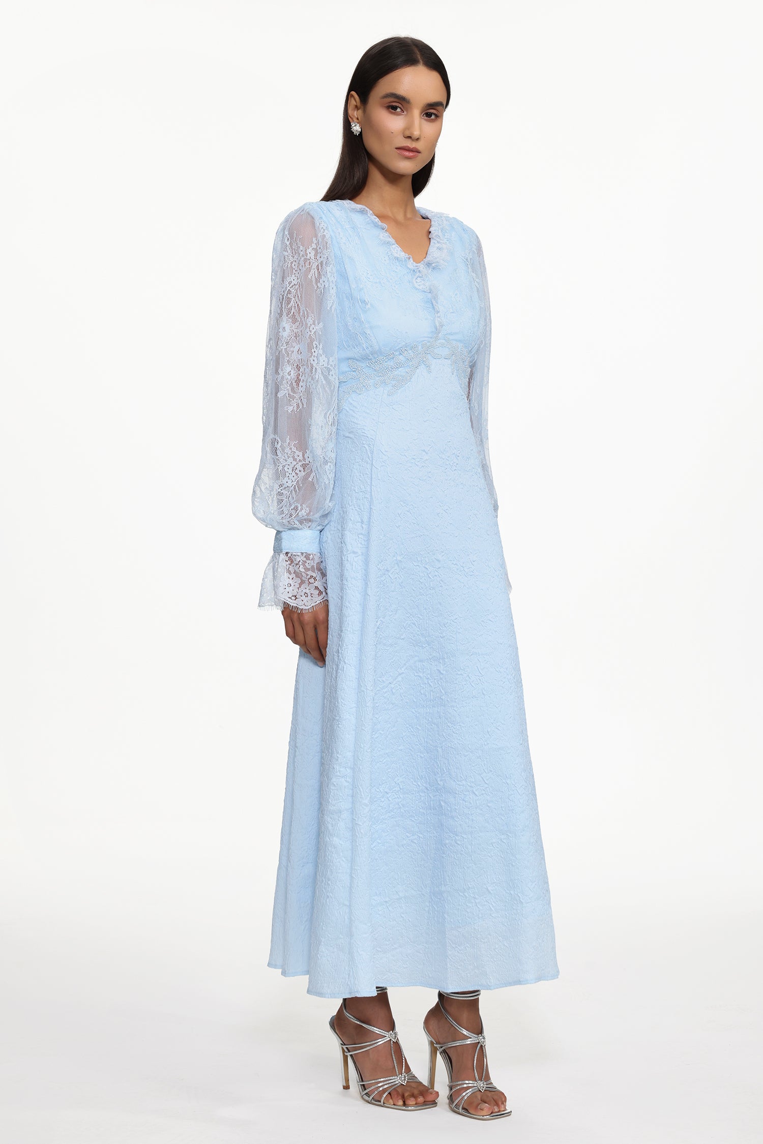 Kahlo Resort Flowy V Neck Long Sleeve Lace Woven Maxi Dress	