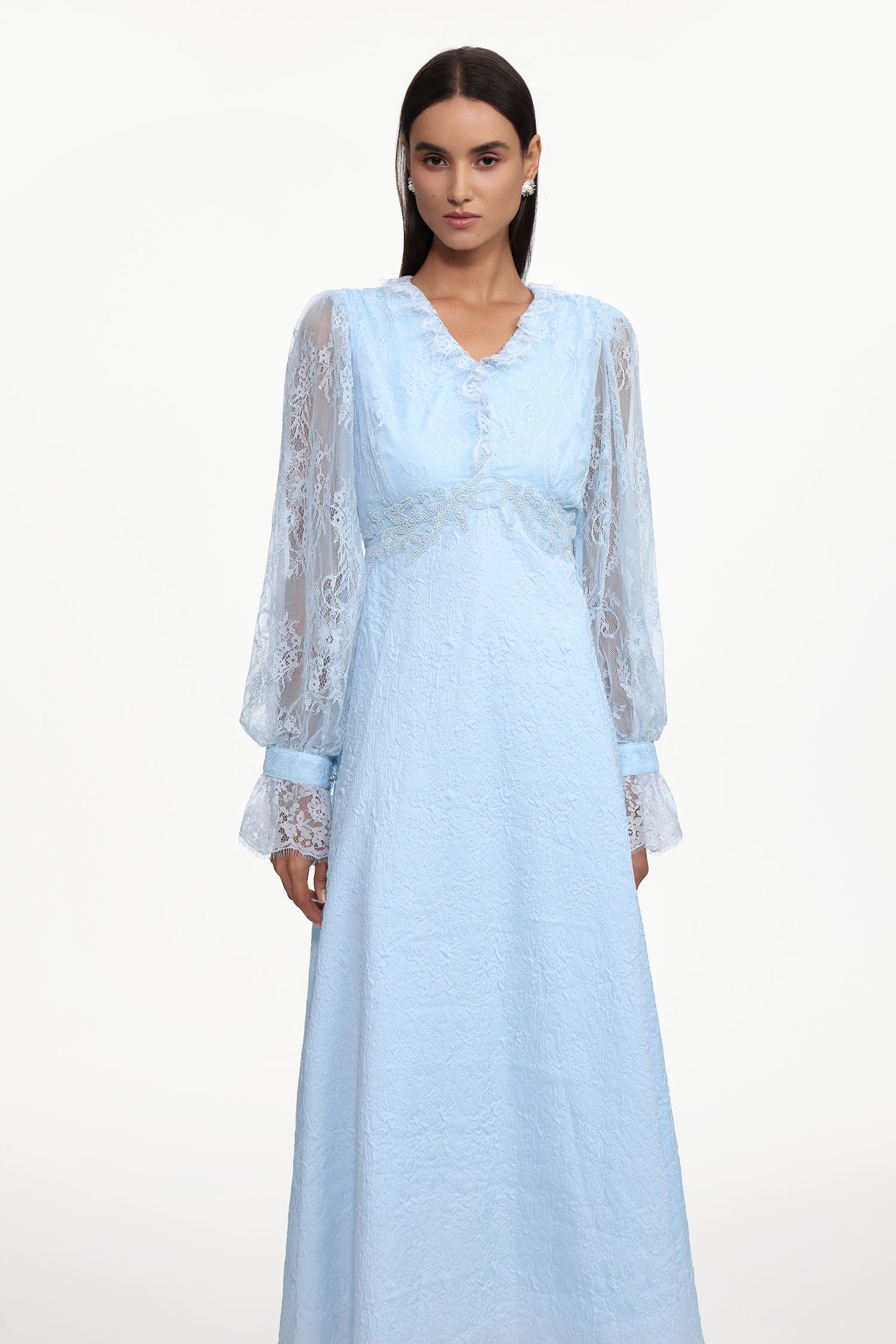 Kahlo Resort Flowy V Neck Long Sleeve Lace Woven Maxi Dress	
