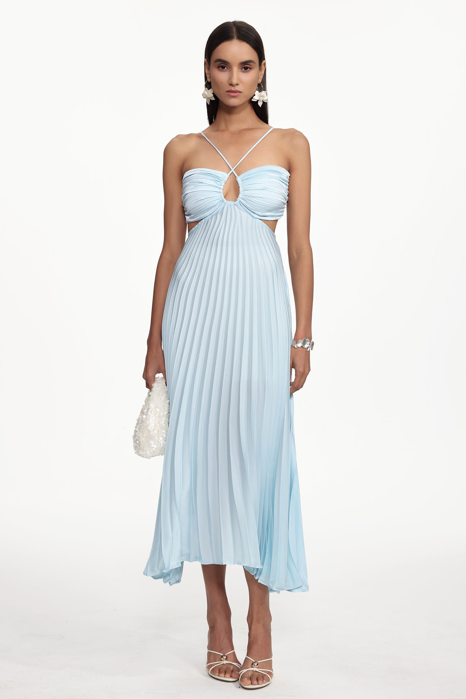 Rey Resort Flowy Halter Cut Out Pleated Woven Maxi Dress	