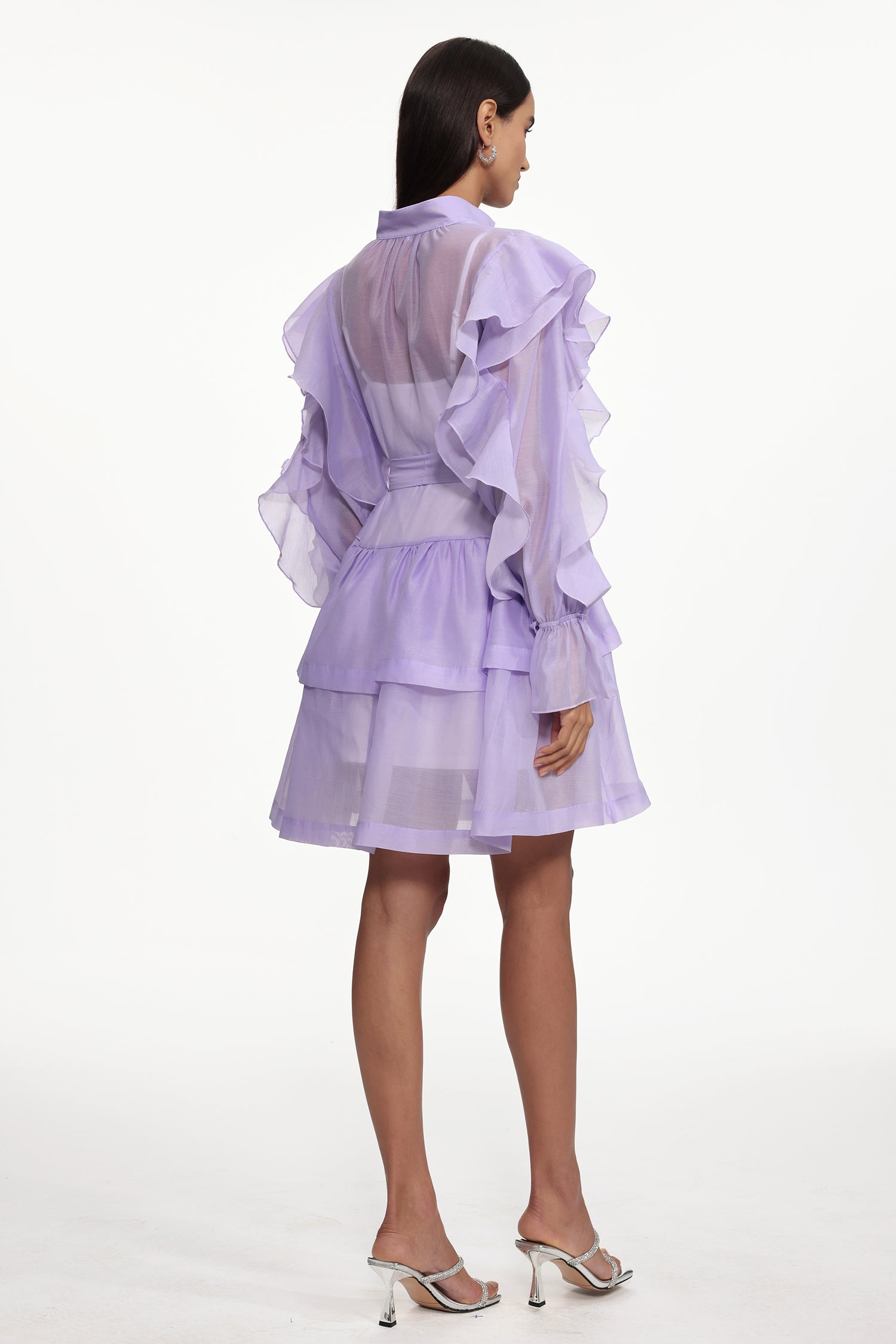 Kalic Resort Flowy Long Sleeve Buttoned Ruffle Woven Mini Dress	