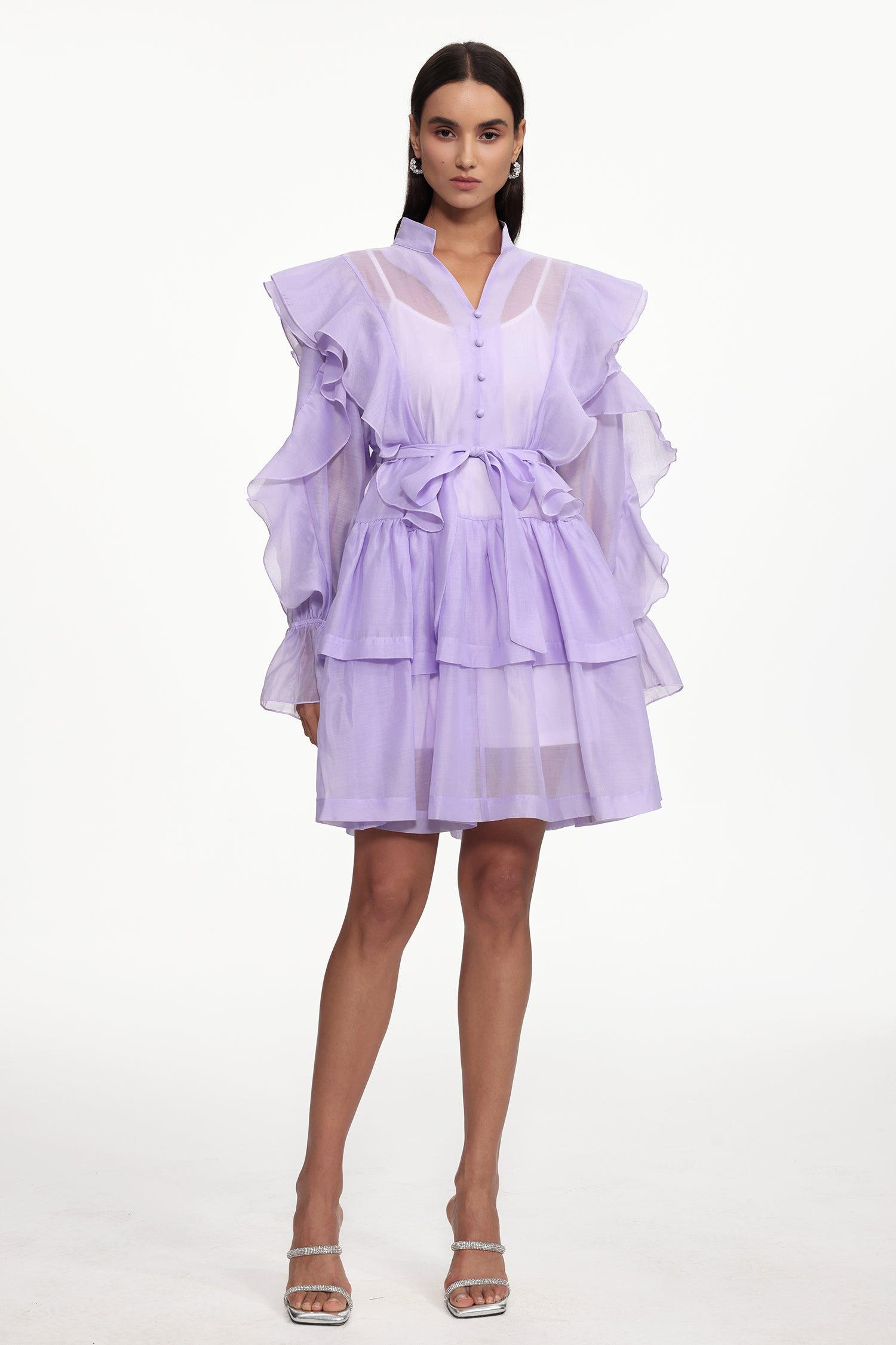 Kalic Resort Flowy Long Sleeve Buttoned Ruffle Woven Mini Dress	