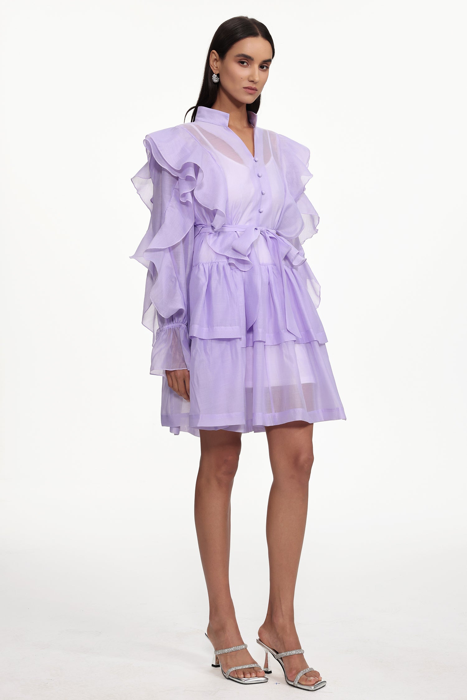 Kalic Resort Flowy Long Sleeve Buttoned Ruffle Woven Mini Dress	