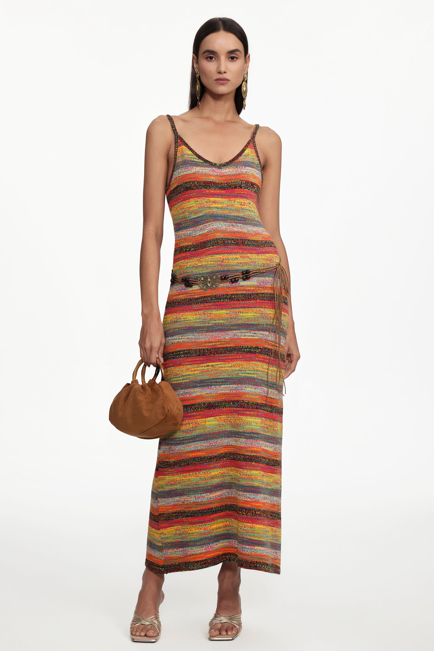 Rika Bohemian Contour Sleeveless Knit Maxi Dress or Braided Belt	