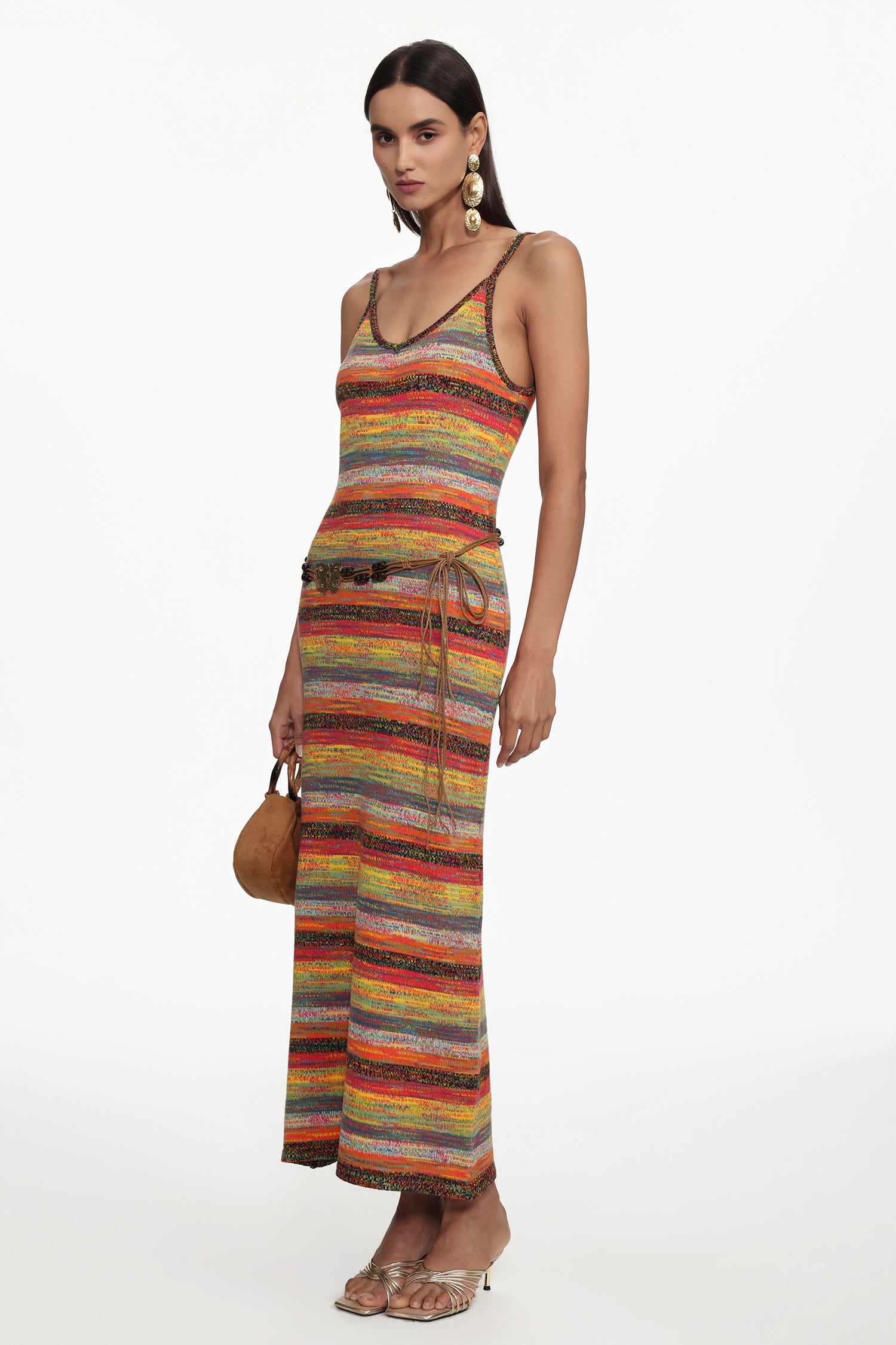 Rika Bohemian Contour Sleeveless Knit Maxi Dress or Braided Belt	
