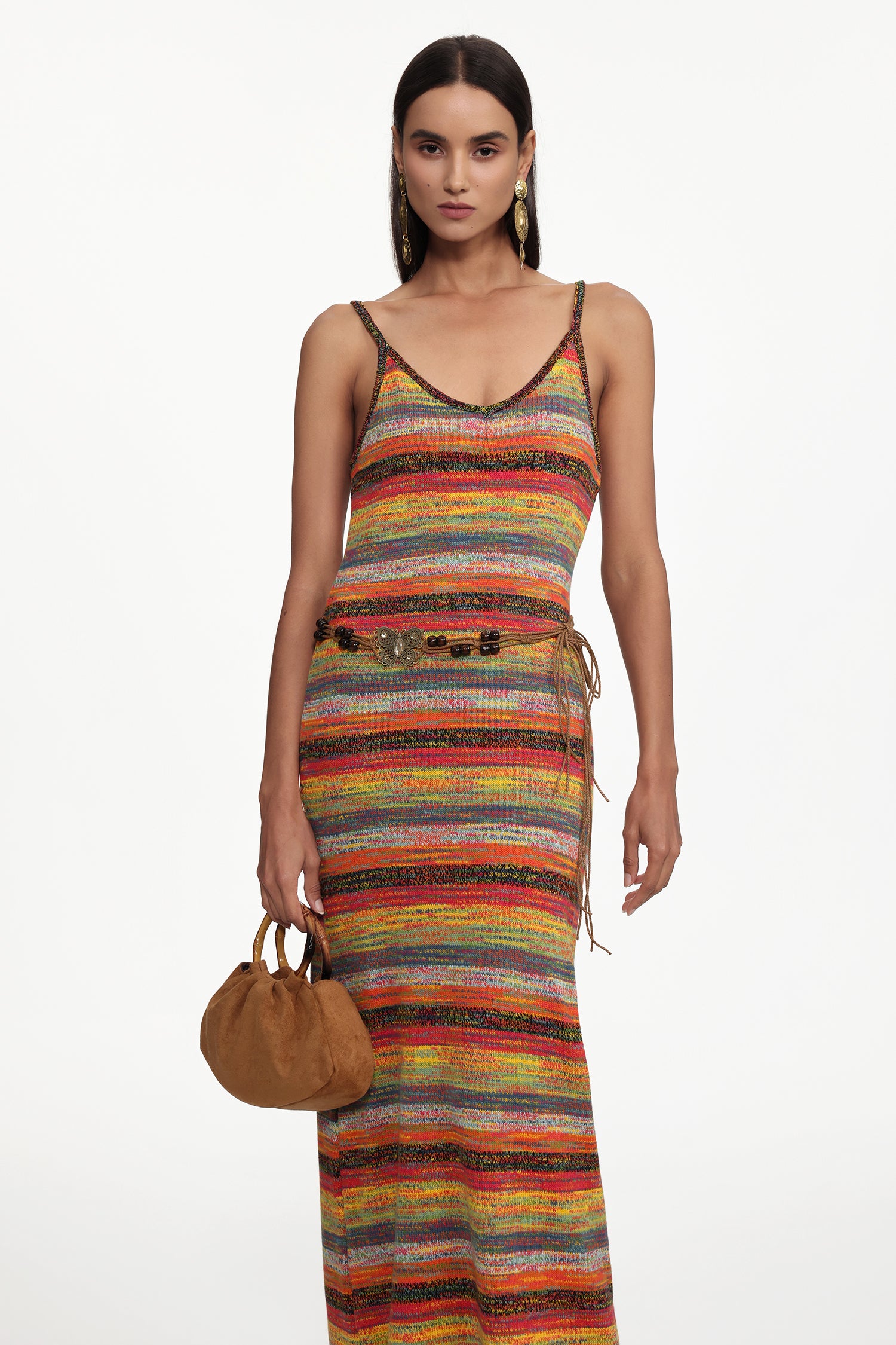Rika Bohemian Contour Sleeveless Knit Maxi Dress or Braided Belt	