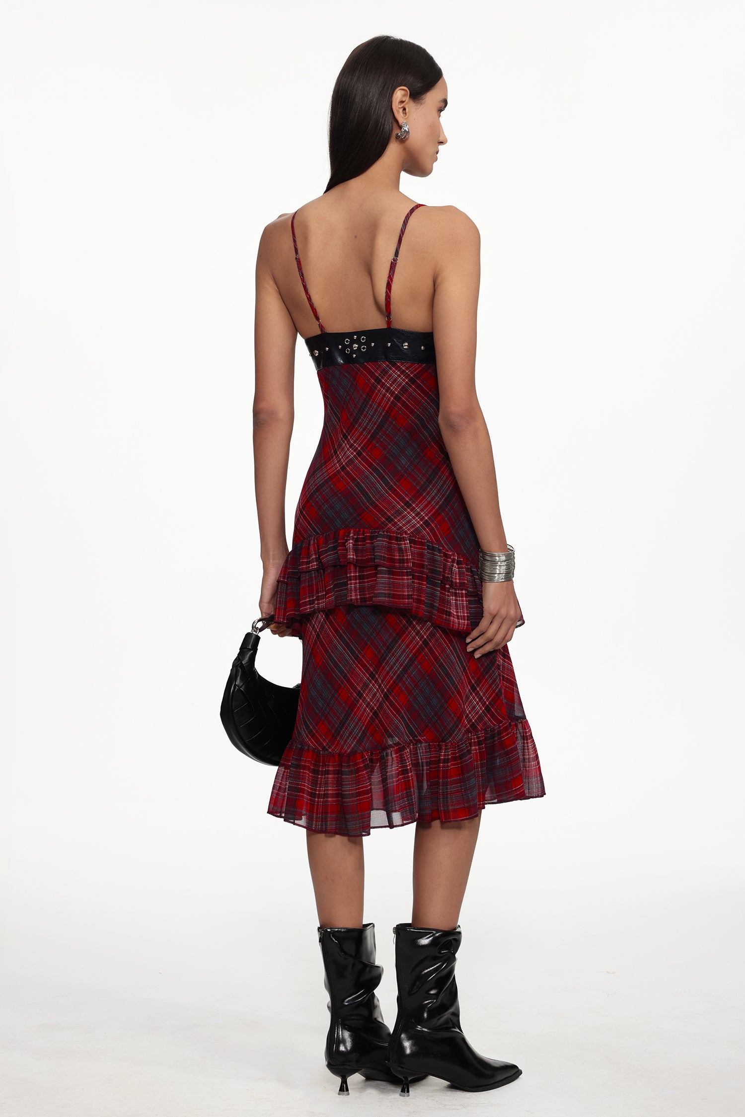 Sabrana Chic Flowy Sleeveless Ruffle Plaid Chiffon Midi Dress	