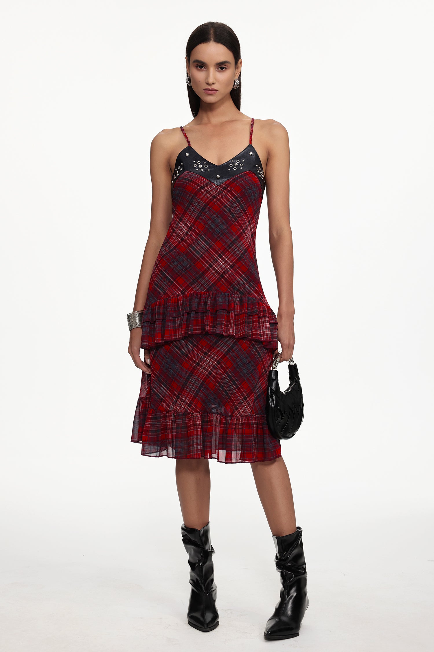 Sabrana Chic Flowy Sleeveless Ruffle Plaid Chiffon Midi Dress	