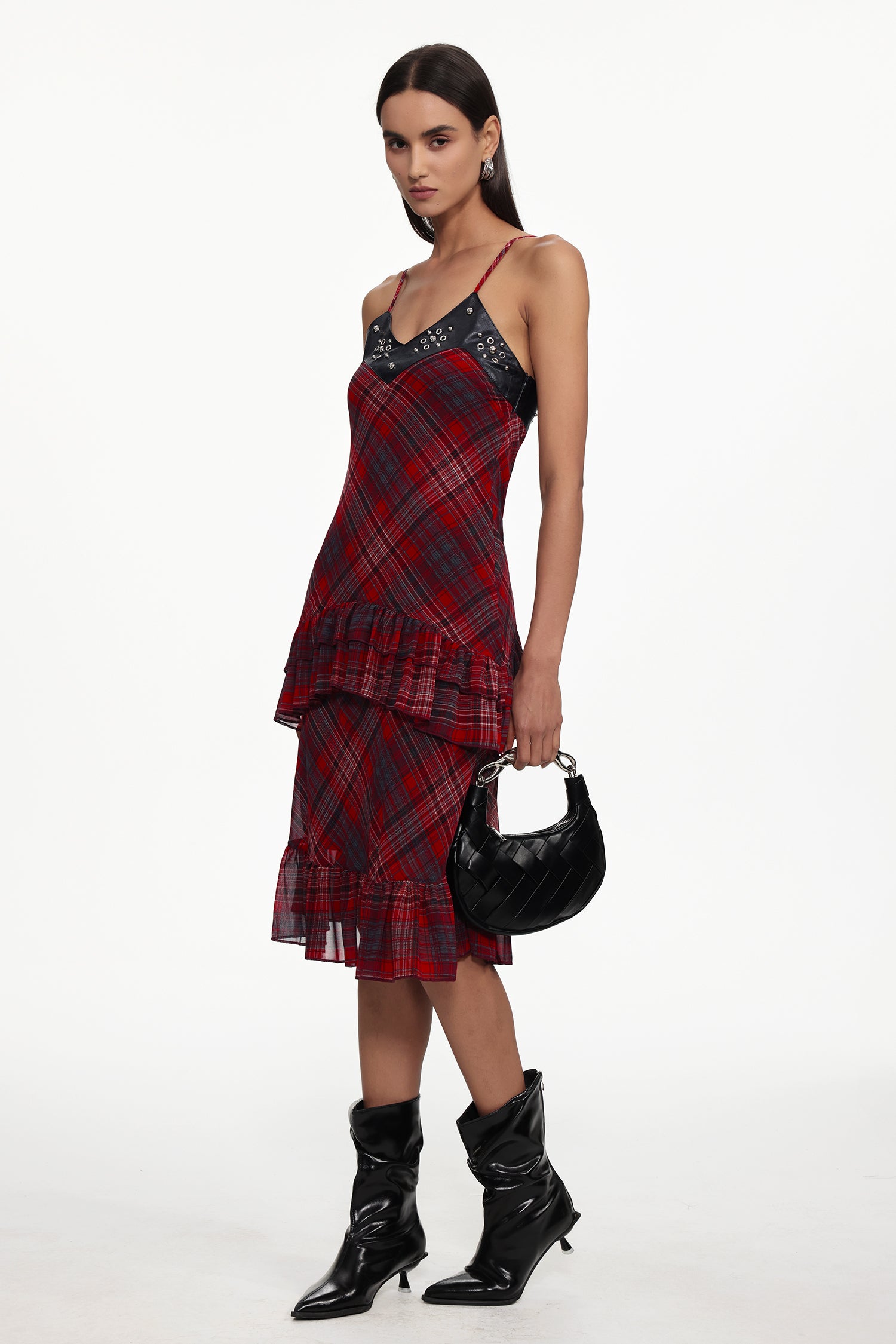Sabrana Chic Flowy Sleeveless Ruffle Plaid Chiffon Midi Dress	