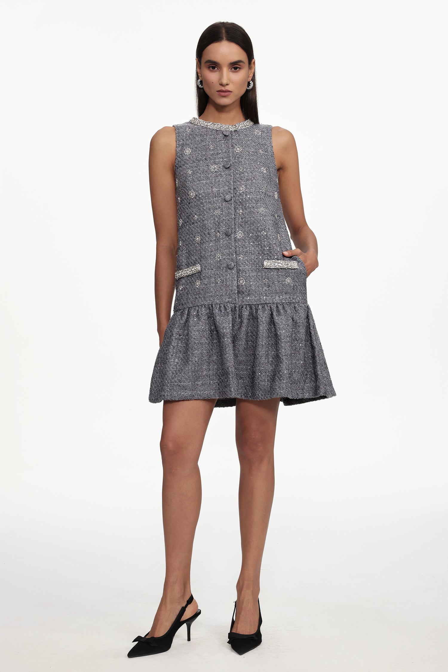 Naya Classic Tailored Round Neck Sleeveless Rhinestone Woven Mini Dress	