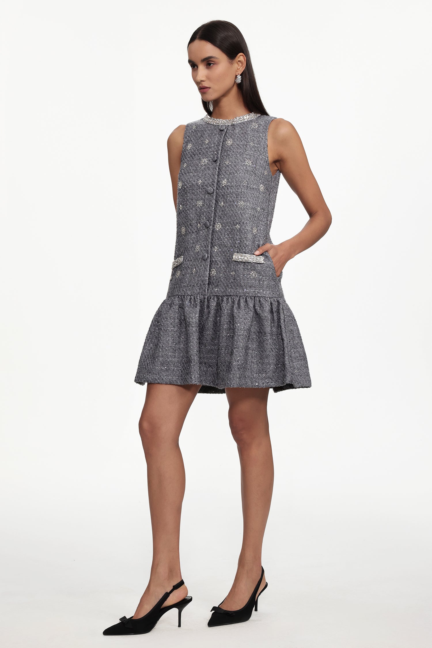 Naya Classic Tailored Round Neck Sleeveless Rhinestone Woven Mini Dress	