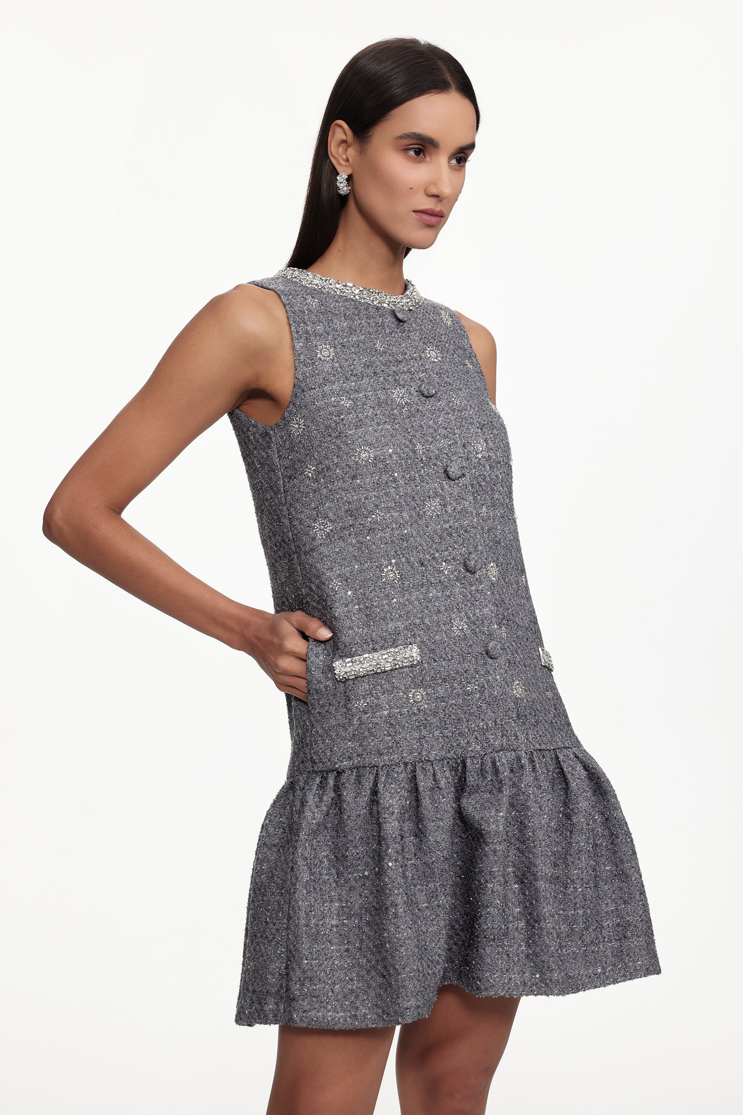 Naya Classic Tailored Round Neck Sleeveless Rhinestone Woven Mini Dress	