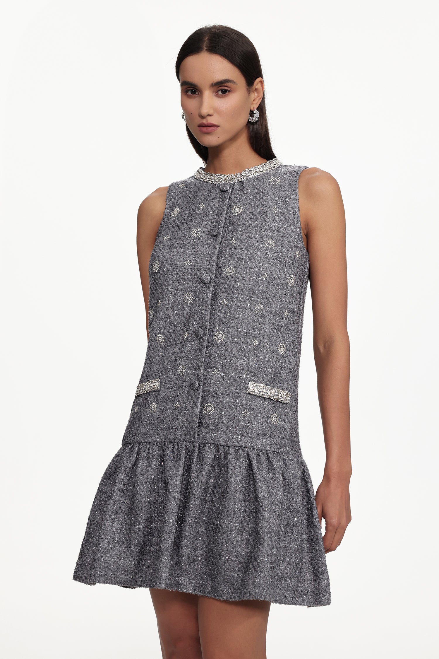 Naya Classic Tailored Round Neck Sleeveless Rhinestone Woven Mini Dress	