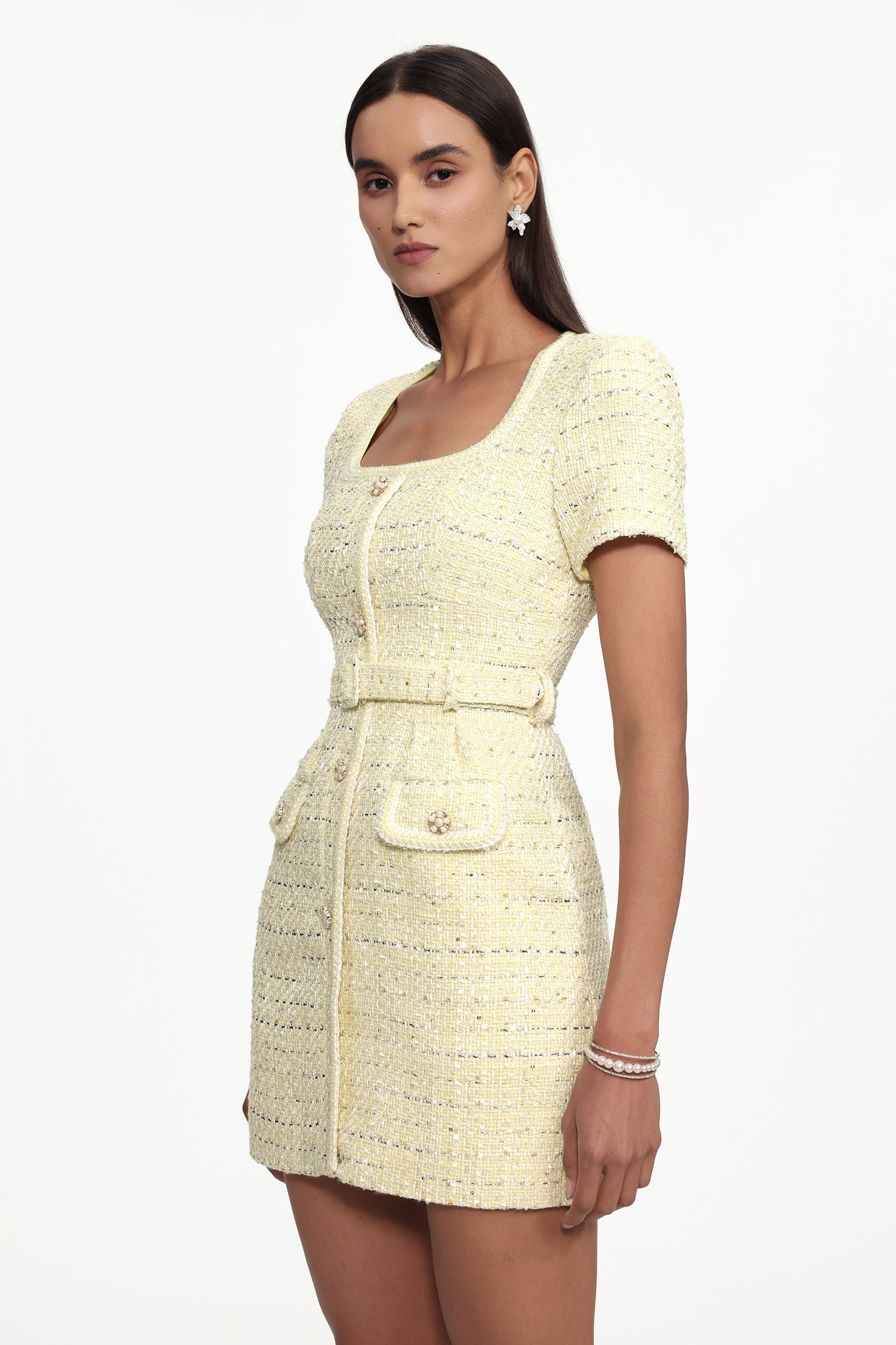 Zelda Classic Tailored Short Sleeve Tweed Yellow Mini Dress	