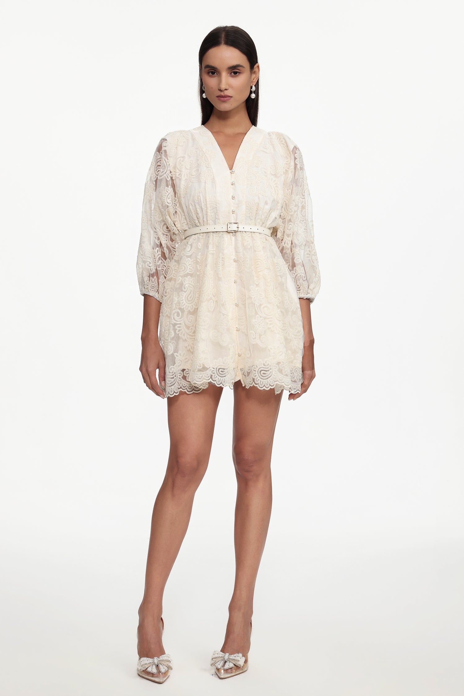 Taye Resort Flowy Long Sleeve Belted Lace Woven White Mini Dress	
