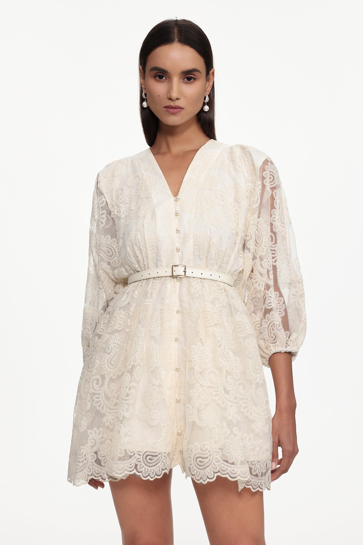Taye Resort Flowy Long Sleeve Belted Lace Woven White Mini Dress	