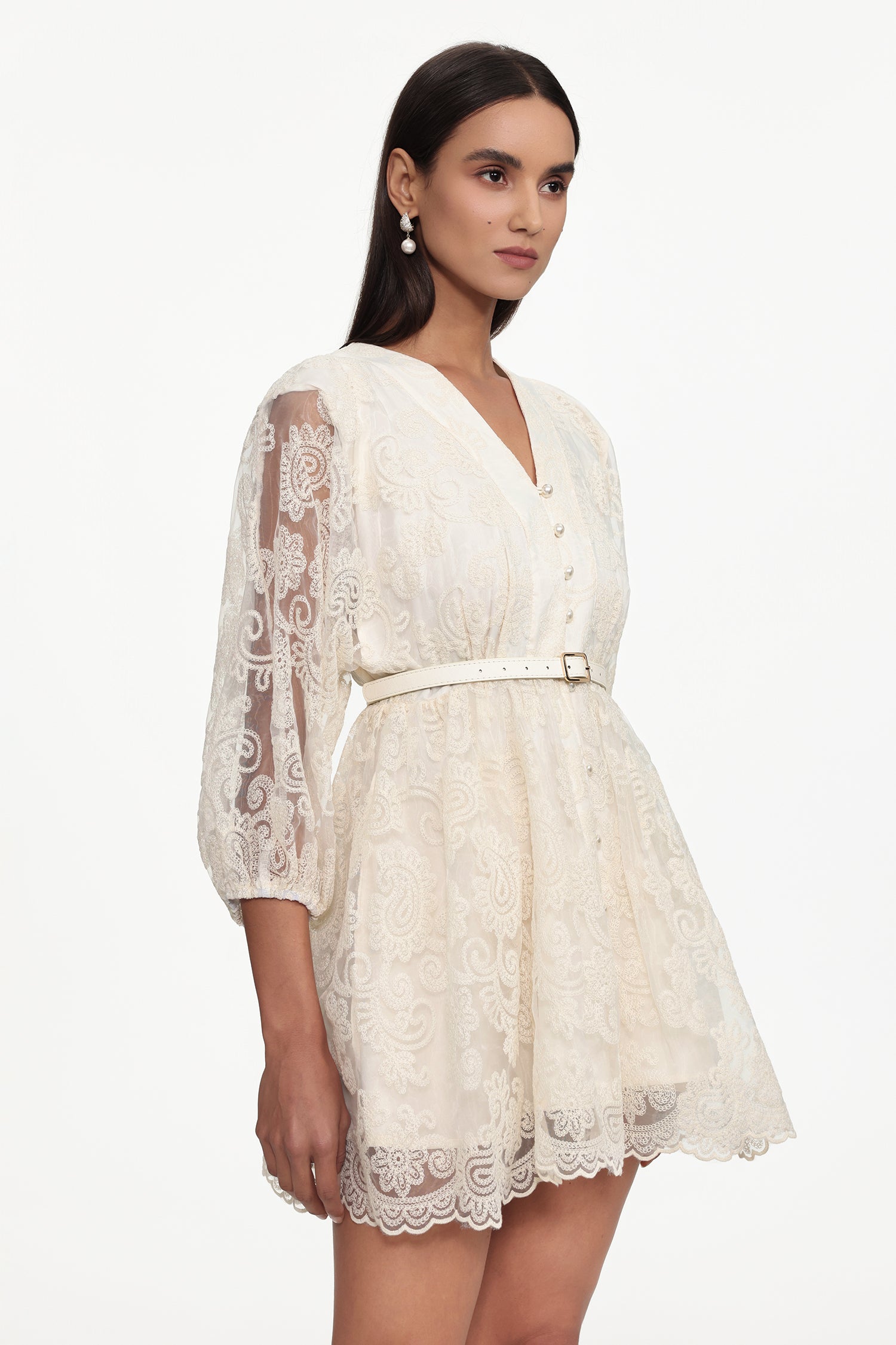 Taye Resort Flowy Long Sleeve Belted Lace Woven White Mini Dress	