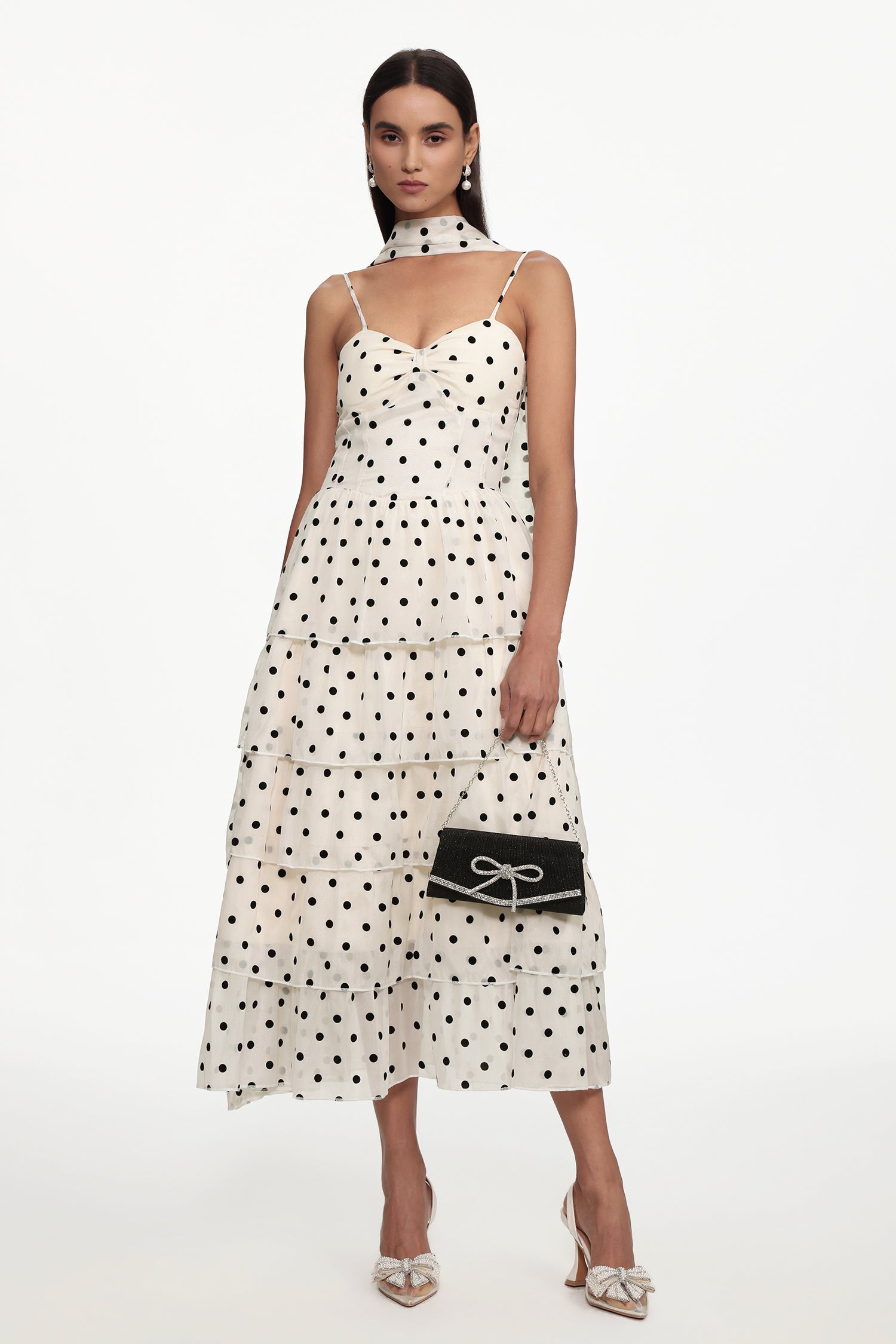 Jalila Romantic Cinched Waist Sleeveless Polka Dot Ruffle Woven Maxi Dress	