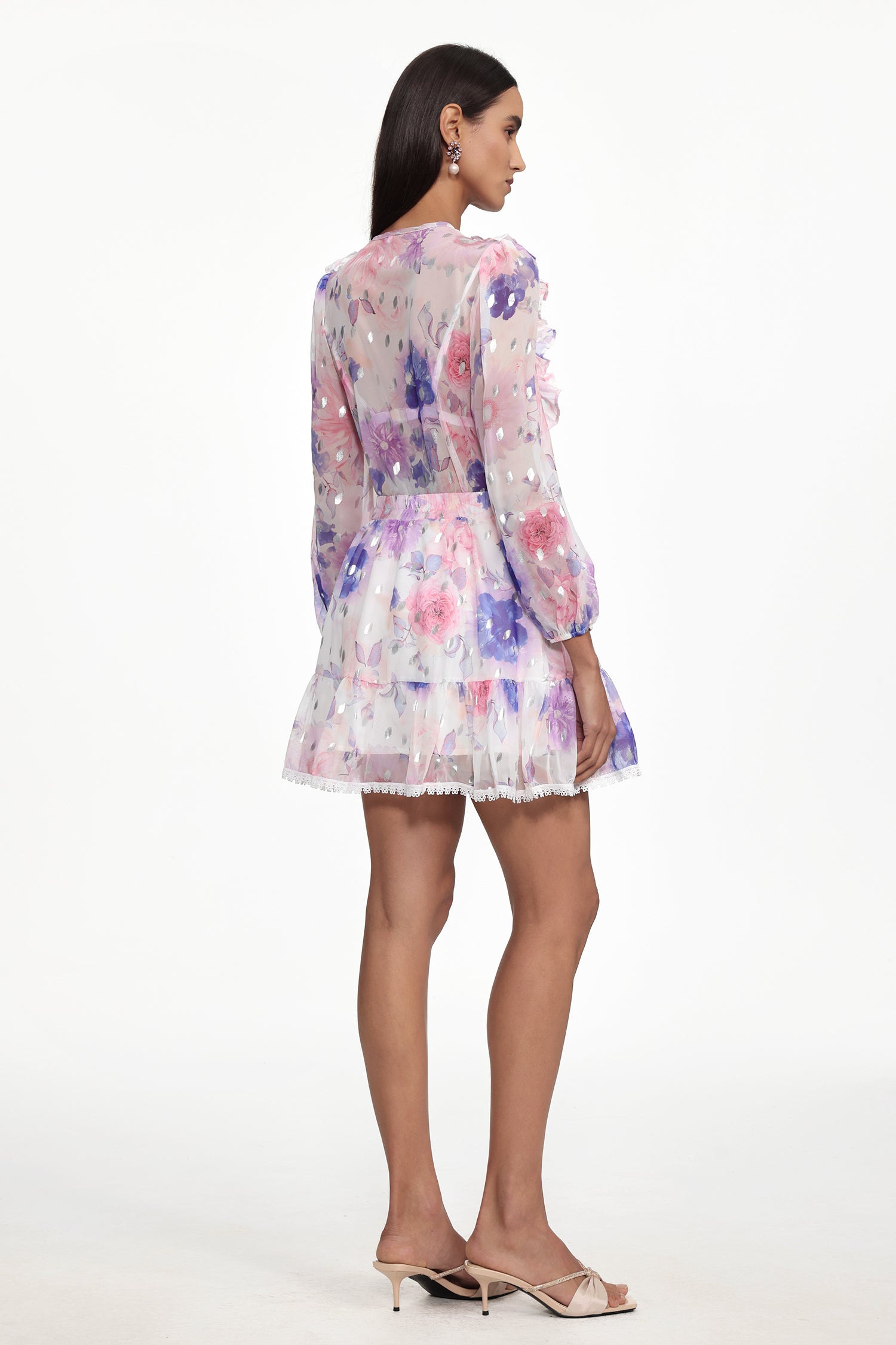 Tia Resort Flowy Long Sleeve Floral Print Ruffle Woven Mini Dress	