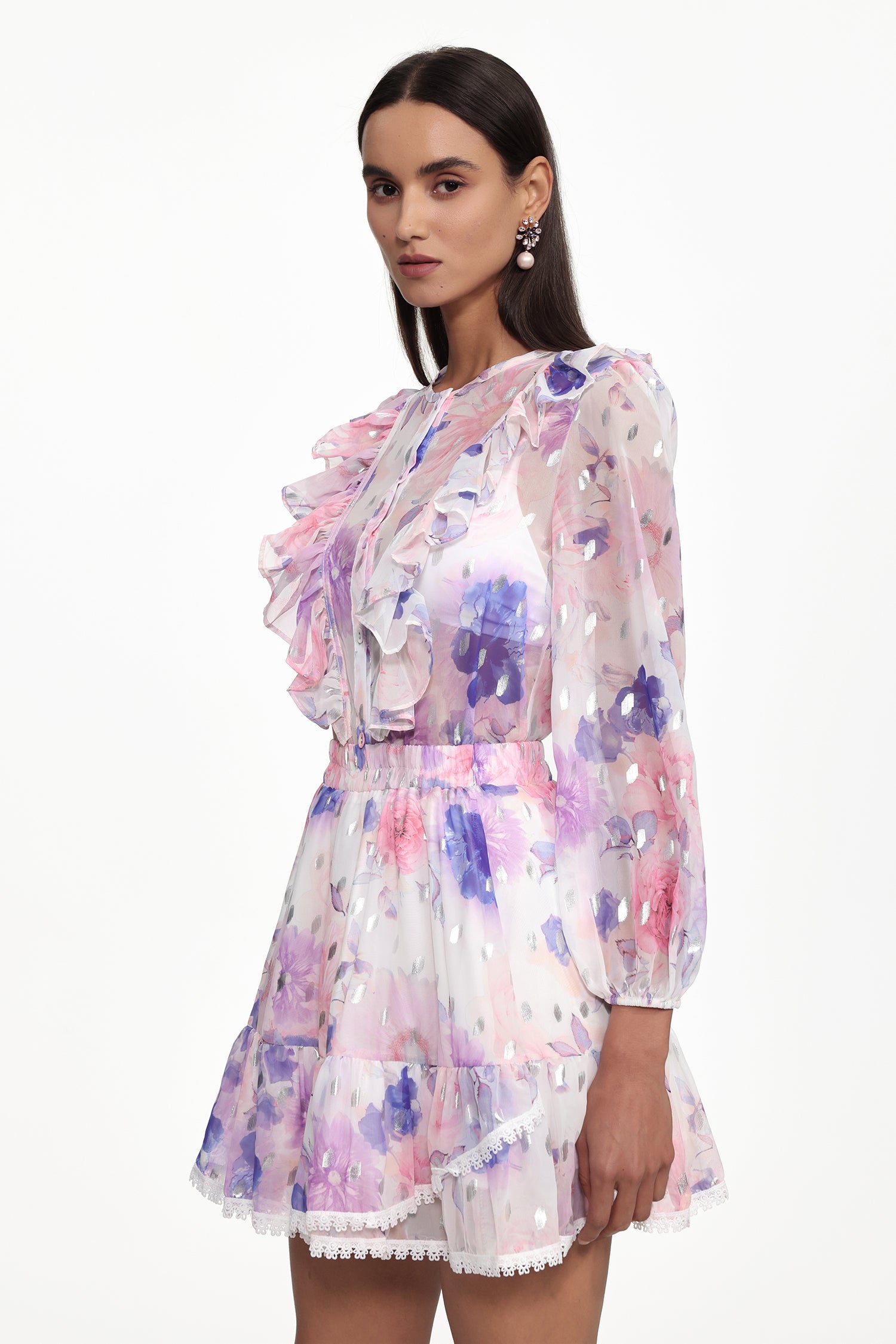 Tia Resort Flowy Long Sleeve Floral Print Ruffle Woven Mini Dress	