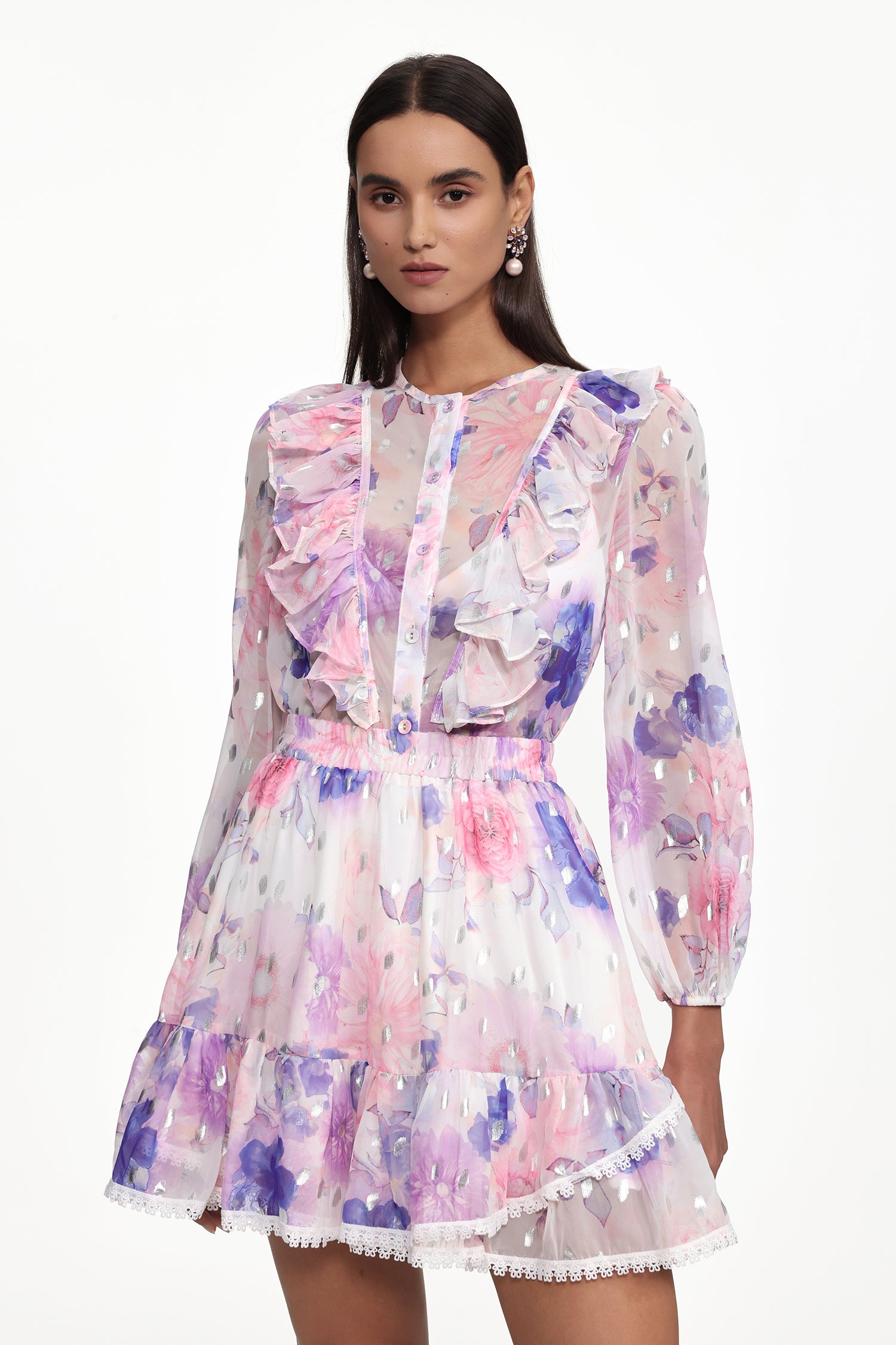 Tia Resort Flowy Long Sleeve Floral Print Ruffle Woven Mini Dress	