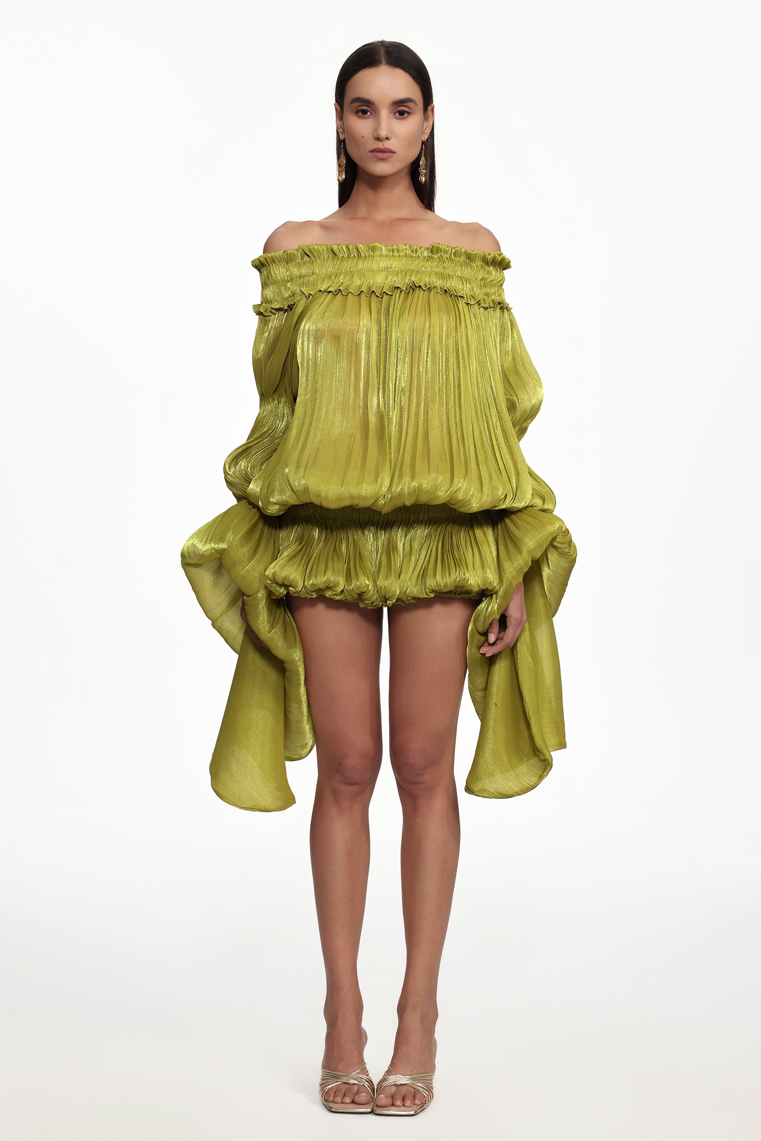 Flavia Resort Flowy Off Shoulder Long Sleeve Ruched Organza Top and Skirt Set	