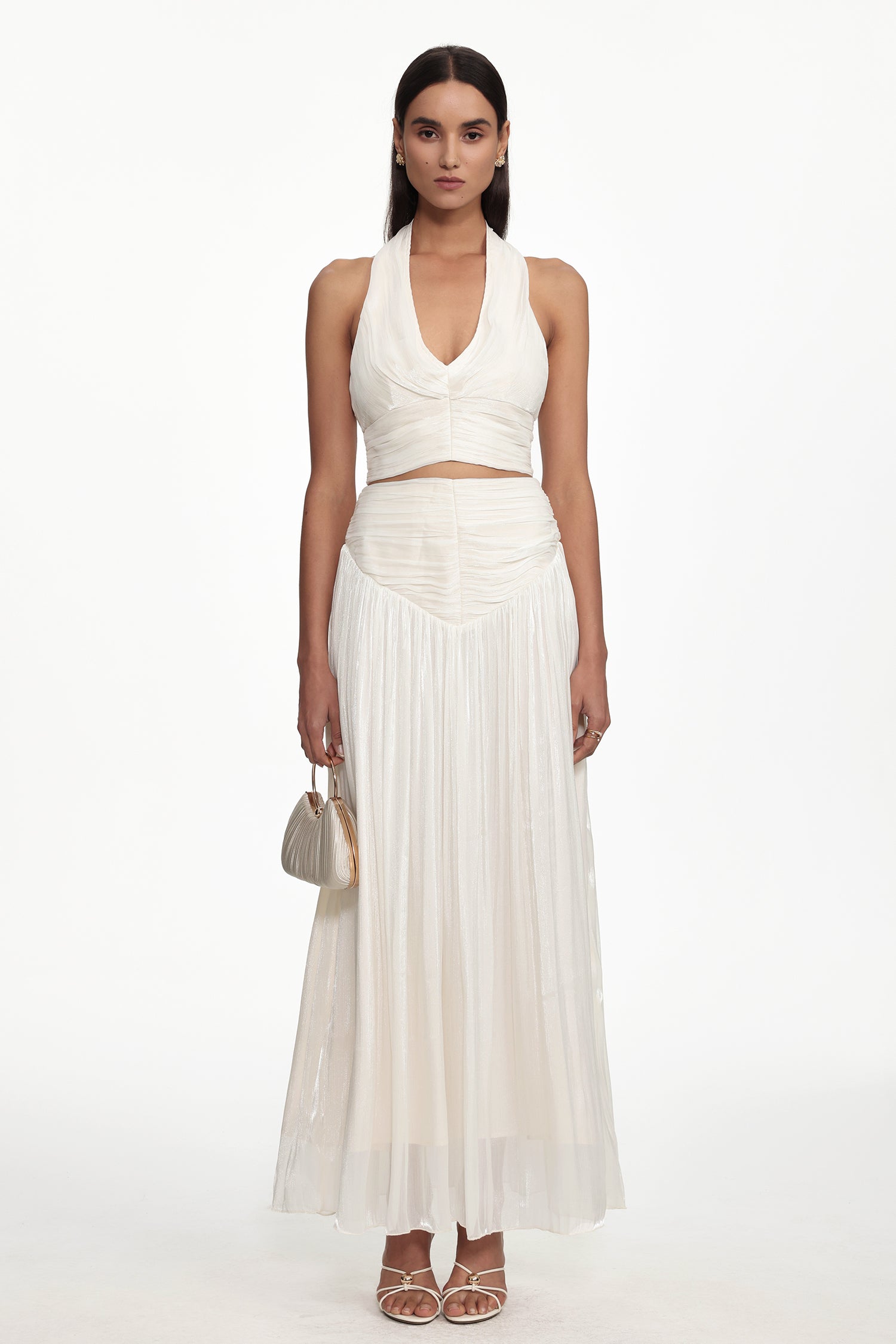 Wyatt Resort Flowy Halter V Neck Gathered Organza Top and Skirt Set	